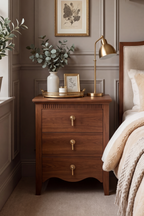 Vintage Wooden Nightstand with Curved Base Accent & Fluted Panel Under Top, 3 Drawers and Charging Outlet, Fits Any Home Style