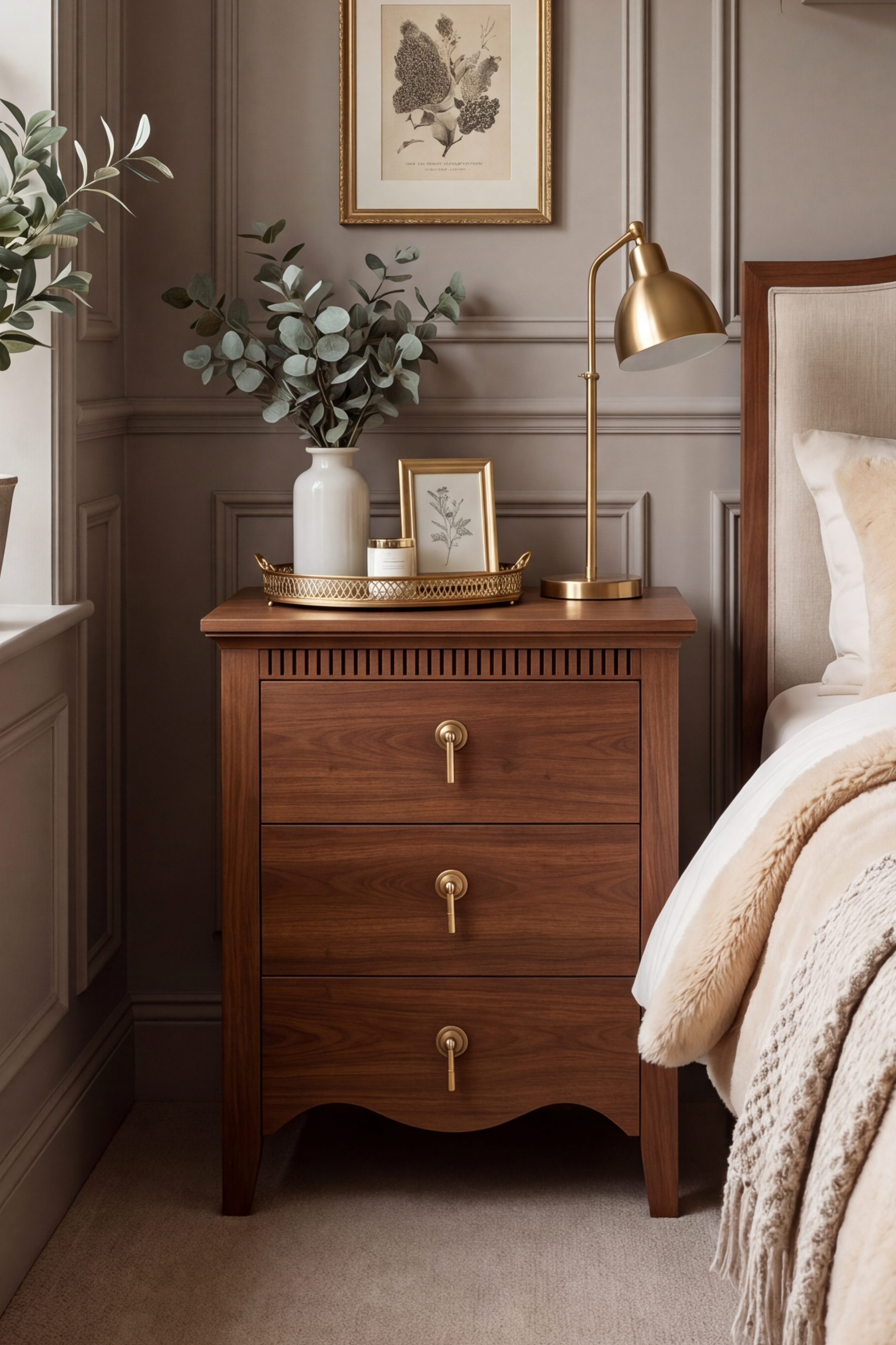 Vintage Wooden Nightstand with Curved Base Accent & Fluted Panel Under Top, 3 Drawers and Charging Outlet, Fits Any Home Style