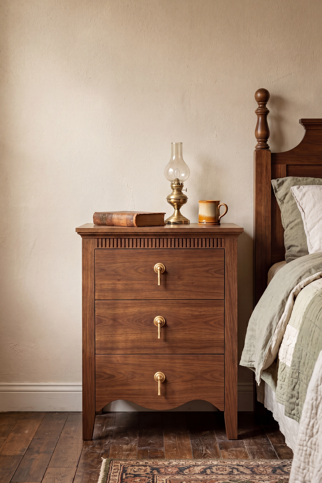 Vintage Wooden Nightstand with Curved Base Accent & Fluted Panel Under Top, 3 Drawers and Charging Outlet, Fits Any Home Style