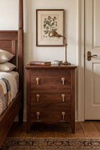Vintage Wooden Nightstand with Curved Base Accent & Fluted Panel Under Top, 3 Drawers and Charging Outlet, Fits Any Home Style