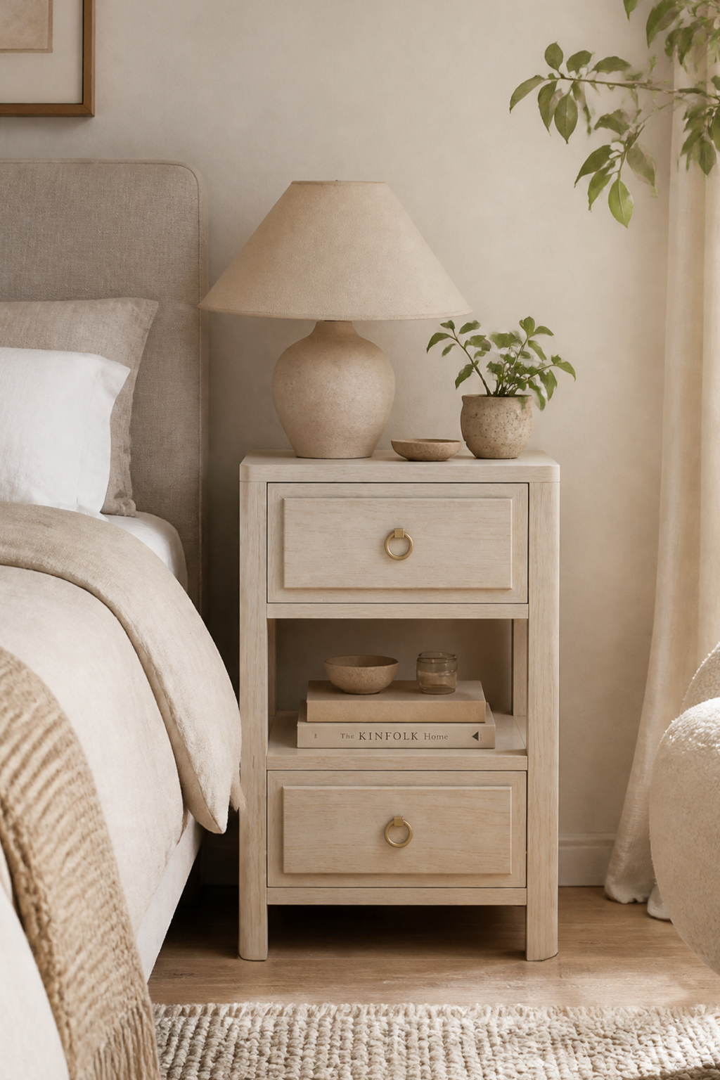 Modern Minimalist Wooden Nightstand with Two Drawers & Open Shelf, Rounded Top & Legs, Soft Rectangular Raised Fronts, Ring Pulls, Outlet, Fits Modern & Mid-Century Styles
