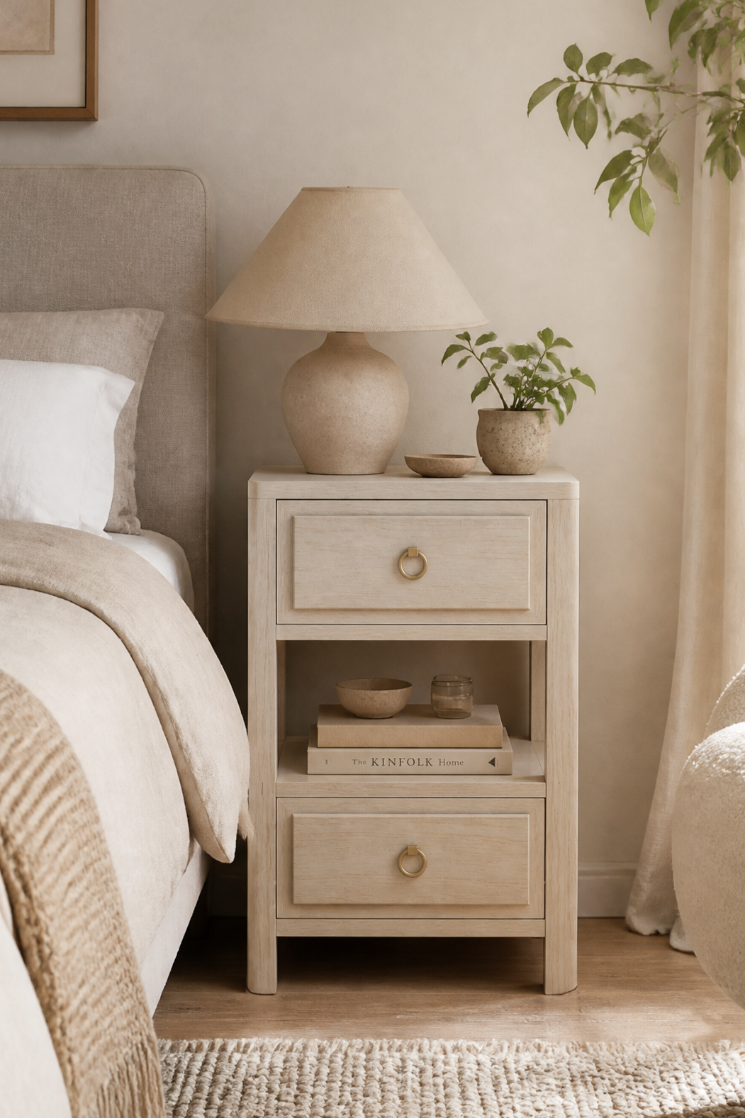 Modern Minimalist Wooden Nightstand with Two Drawers & Open Shelf, Rounded Top & Legs, Soft Rectangular Raised Fronts, Ring Pulls, Outlet, Fits Modern & Mid-Century Styles