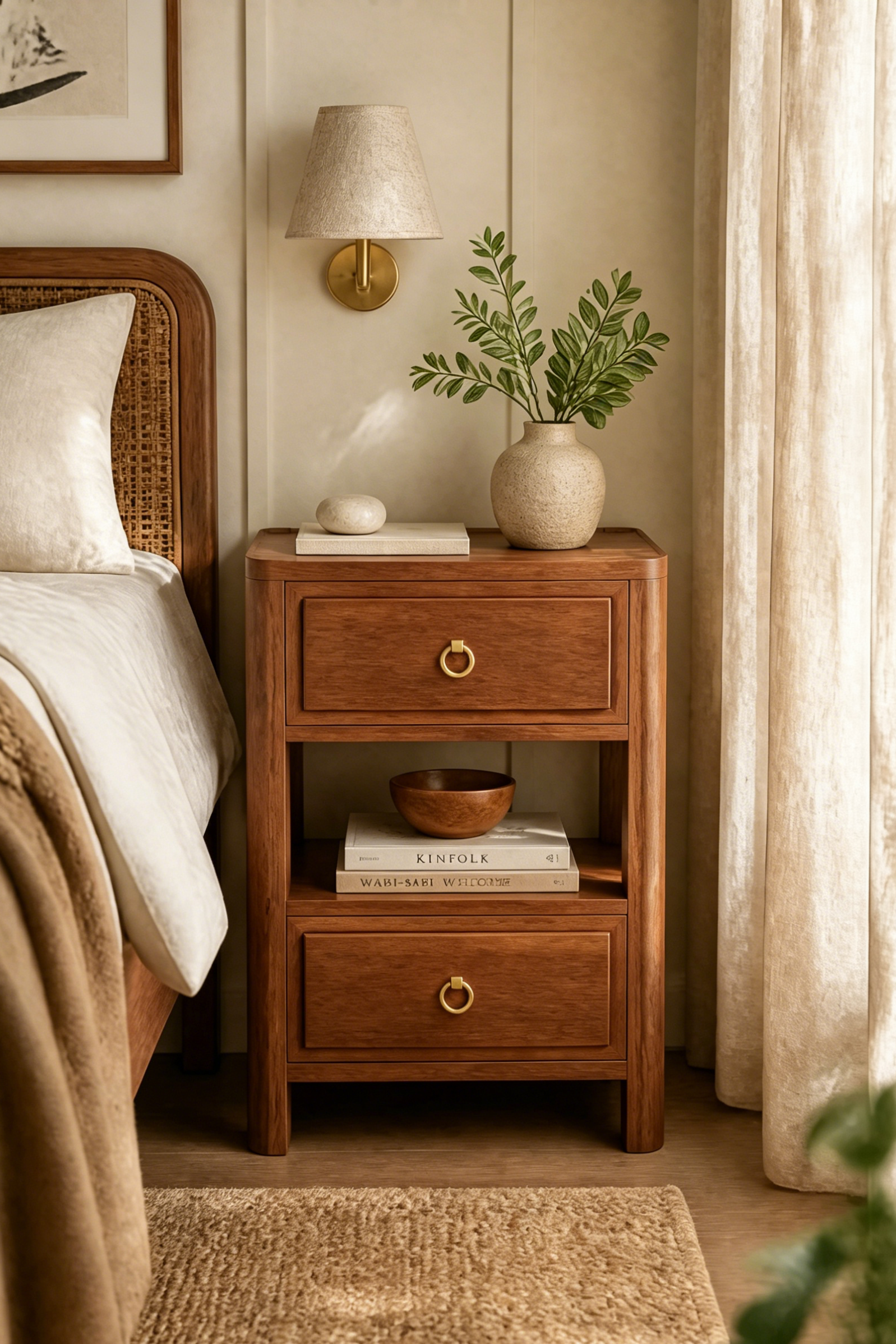 Modern Minimalist Wooden Nightstand with Two Drawers & Open Shelf, Rounded Top & Legs, Soft Rectangular Raised Fronts, Ring Pulls, Outlet, Fits Modern & Mid-Century Styles