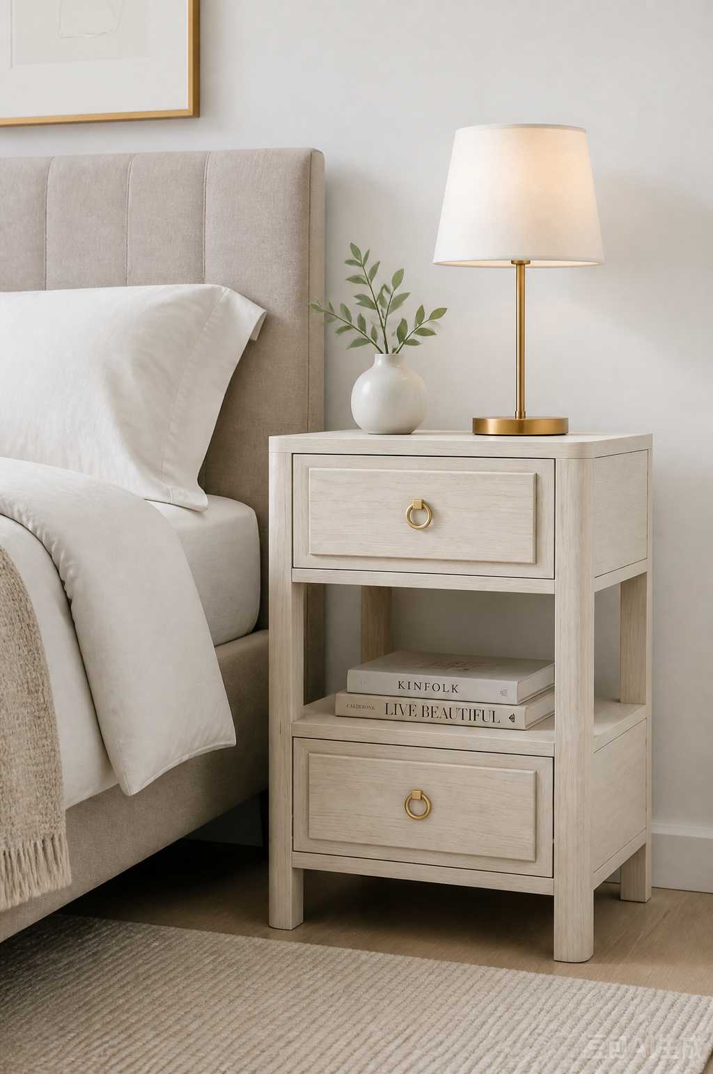 Modern Minimalist Wooden Nightstand with Two Drawers & Open Shelf, Rounded Top & Legs, Soft Rectangular Raised Fronts, Ring Pulls, Outlet, Fits Modern & Mid-Century Styles