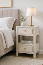 Modern Minimalist Wooden Nightstand with Two Drawers & Open Shelf, Rounded Top & Legs, Soft Rectangular Raised Fronts, Ring Pulls, Outlet, Fits Modern & Mid-Century Styles