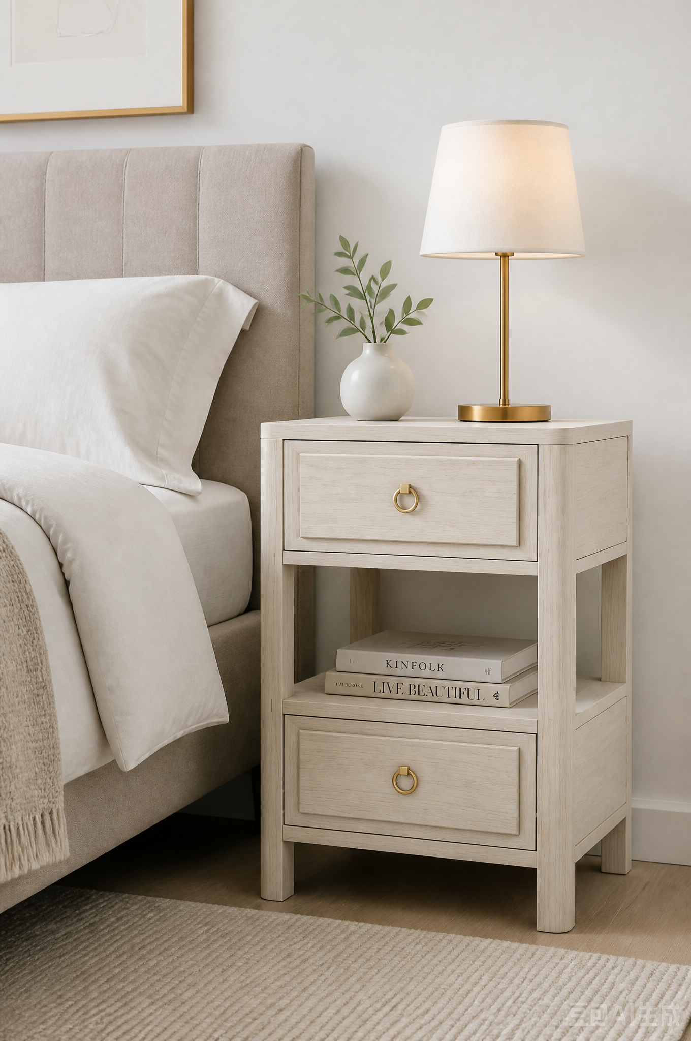 Modern Minimalist Wooden Nightstand with Two Drawers & Open Shelf, Rounded Top & Legs, Soft Rectangular Raised Fronts, Ring Pulls, Outlet, Fits Modern & Mid-Century Styles