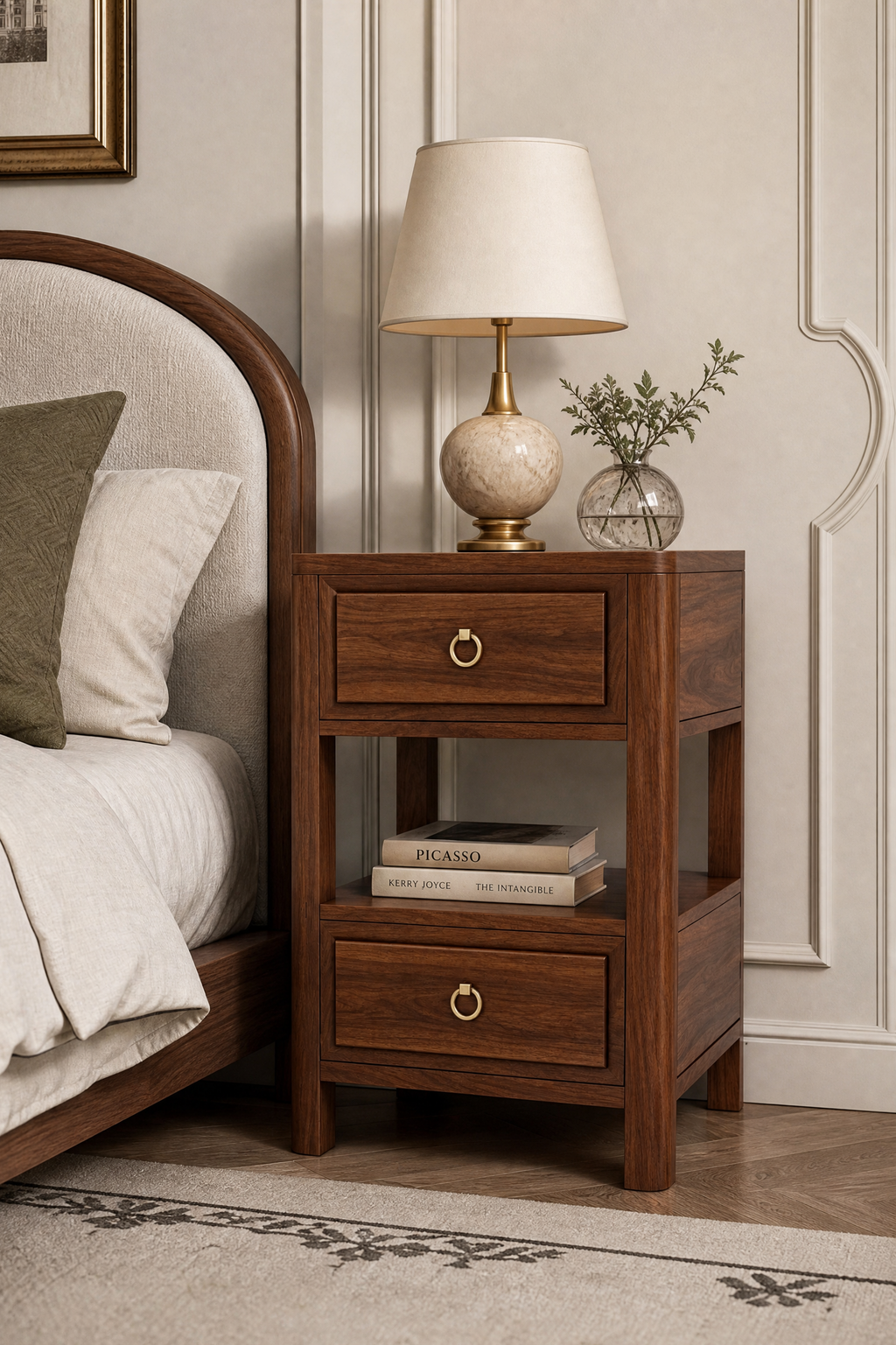 Modern Minimalist Wooden Nightstand with Two Drawers & Open Shelf, Rounded Top & Legs, Soft Rectangular Raised Fronts, Ring Pulls, Outlet, Fits Modern & Mid-Century Styles