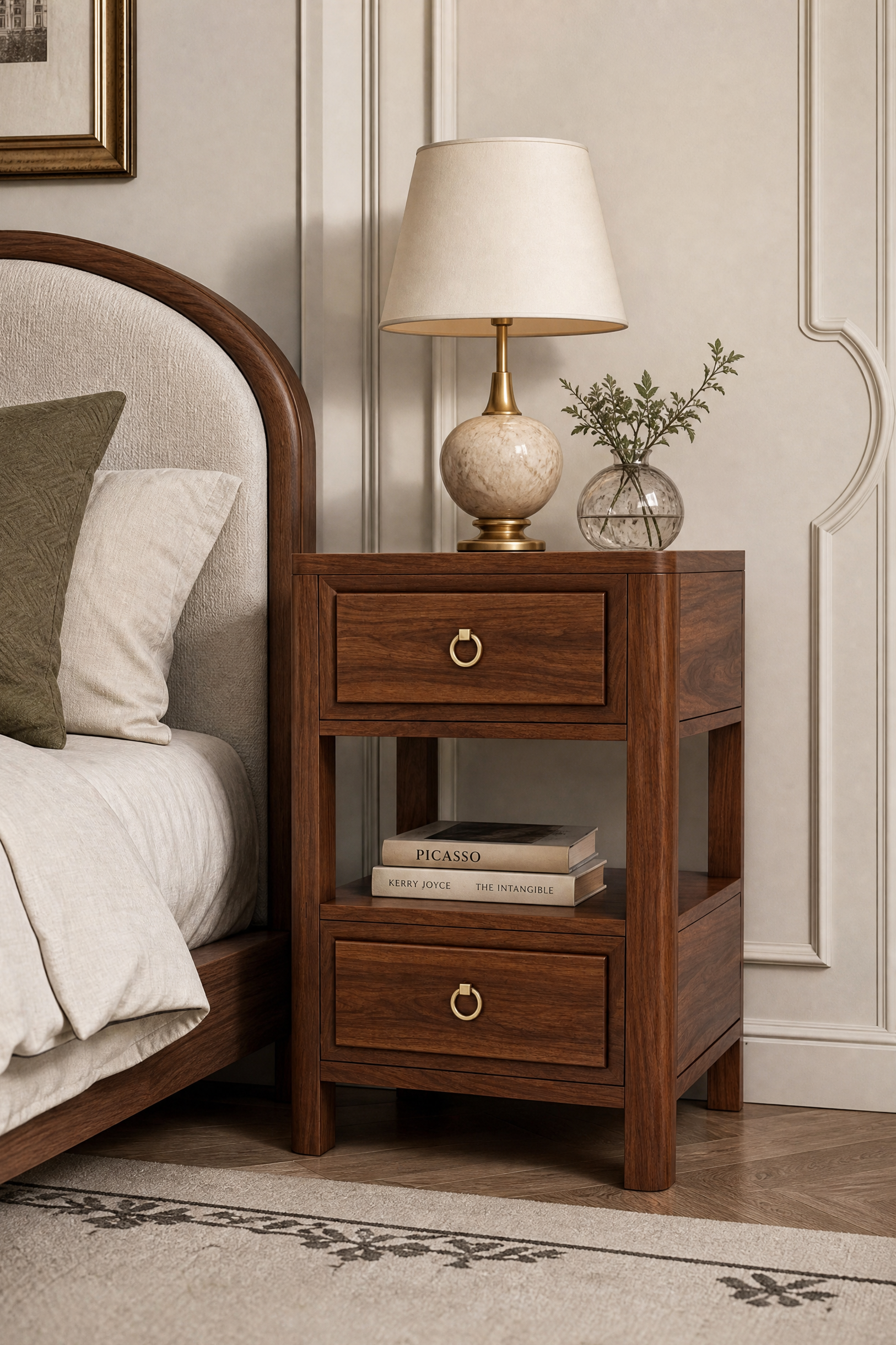 Modern Minimalist Wooden Nightstand with Two Drawers & Open Shelf, Rounded Top & Legs, Soft Rectangular Raised Fronts, Ring Pulls, Outlet, Fits Modern & Mid-Century Styles