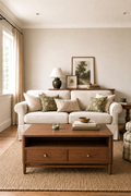 2-Drawer Rectangular Wooden Coffee Table, Farmhouse Storage Center Table with Open Bottom Shelf & Round Brass Knobs
