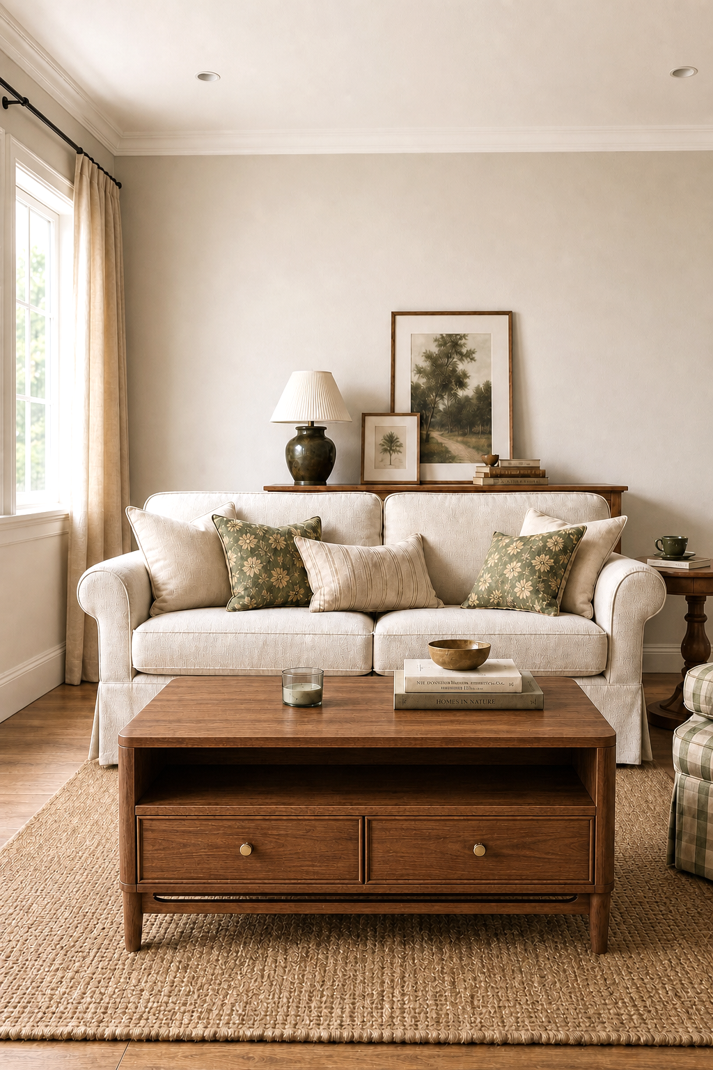 2-Drawer Rectangular Wooden Coffee Table, Farmhouse Storage Center Table with Open Bottom Shelf & Round Brass Knobs