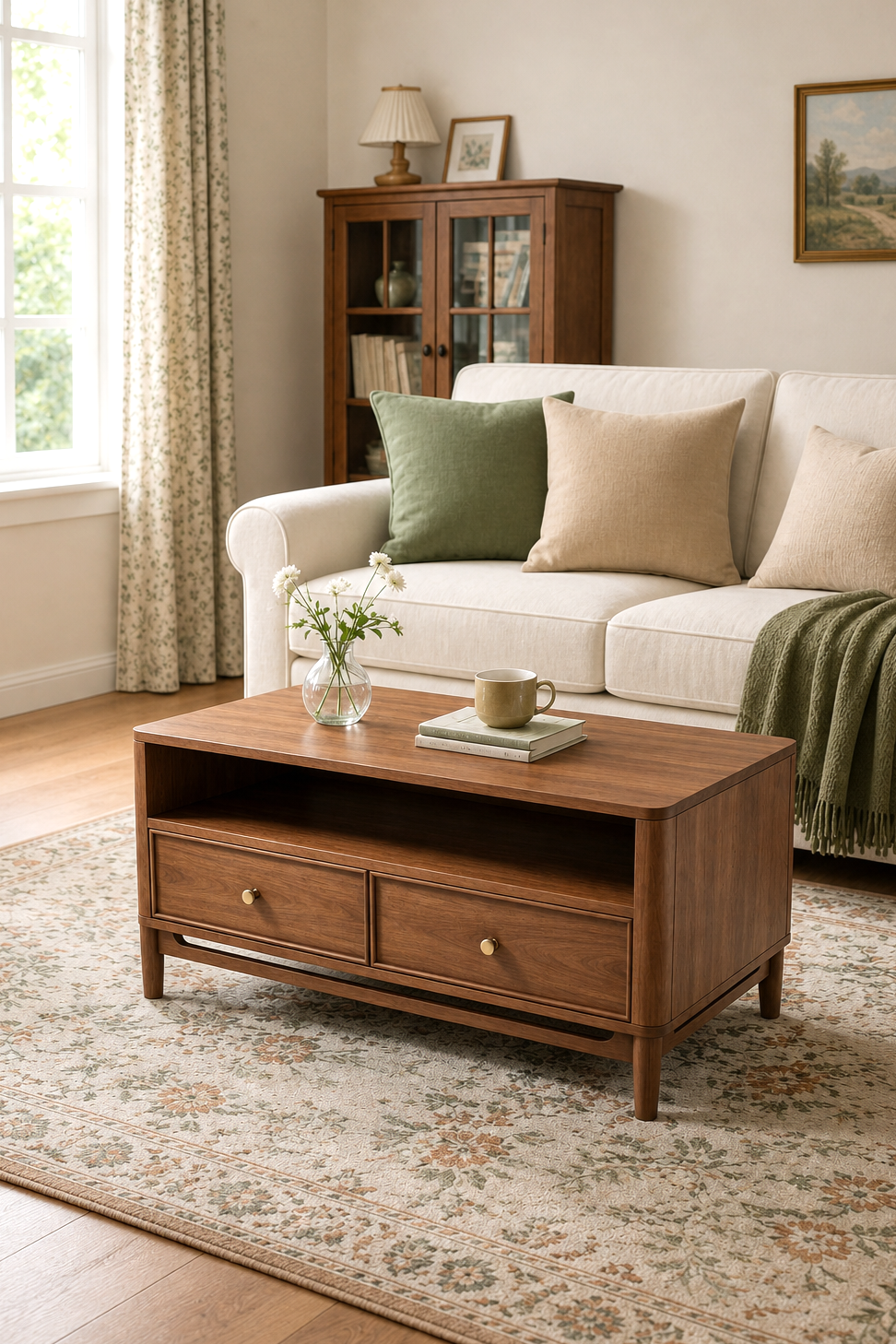 2-Drawer Rectangular Wooden Coffee Table, Farmhouse Storage Center Table with Open Bottom Shelf & Round Brass Knobs