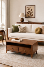 2-Drawer Rectangular Wooden Coffee Table, Farmhouse Storage Center Table with Open Bottom Shelf & Round Brass Knobs