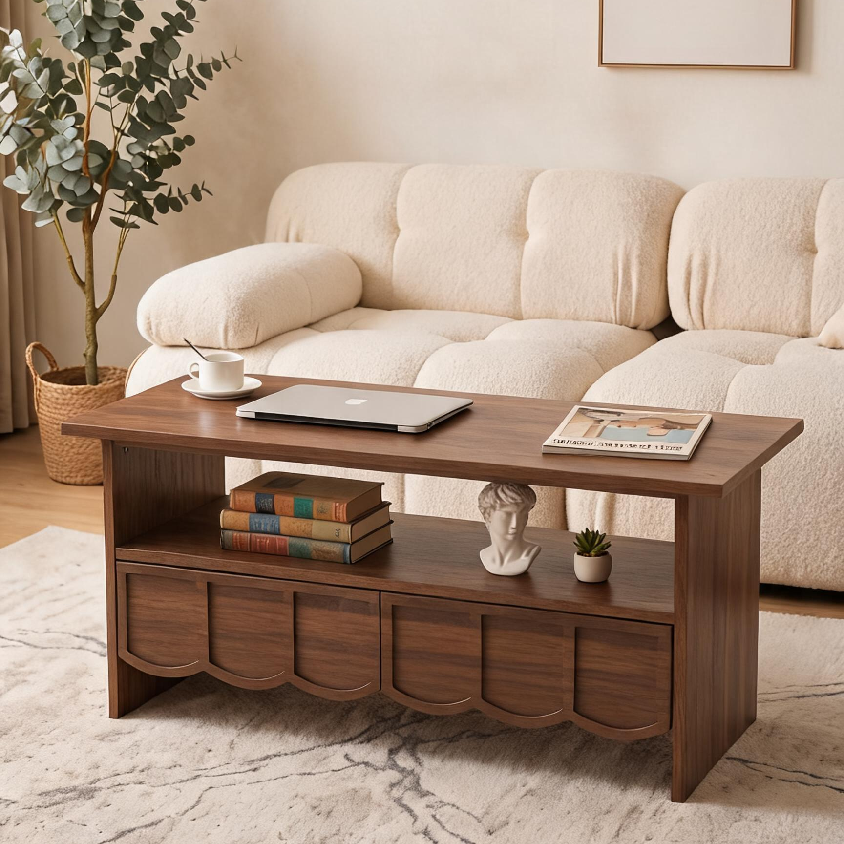 Scalloped Front 2-Drawer Wooden Coffee Table, Rectangular Open Shelf Storage Cocktail Table with Wavy Drawer Panels for Living Room