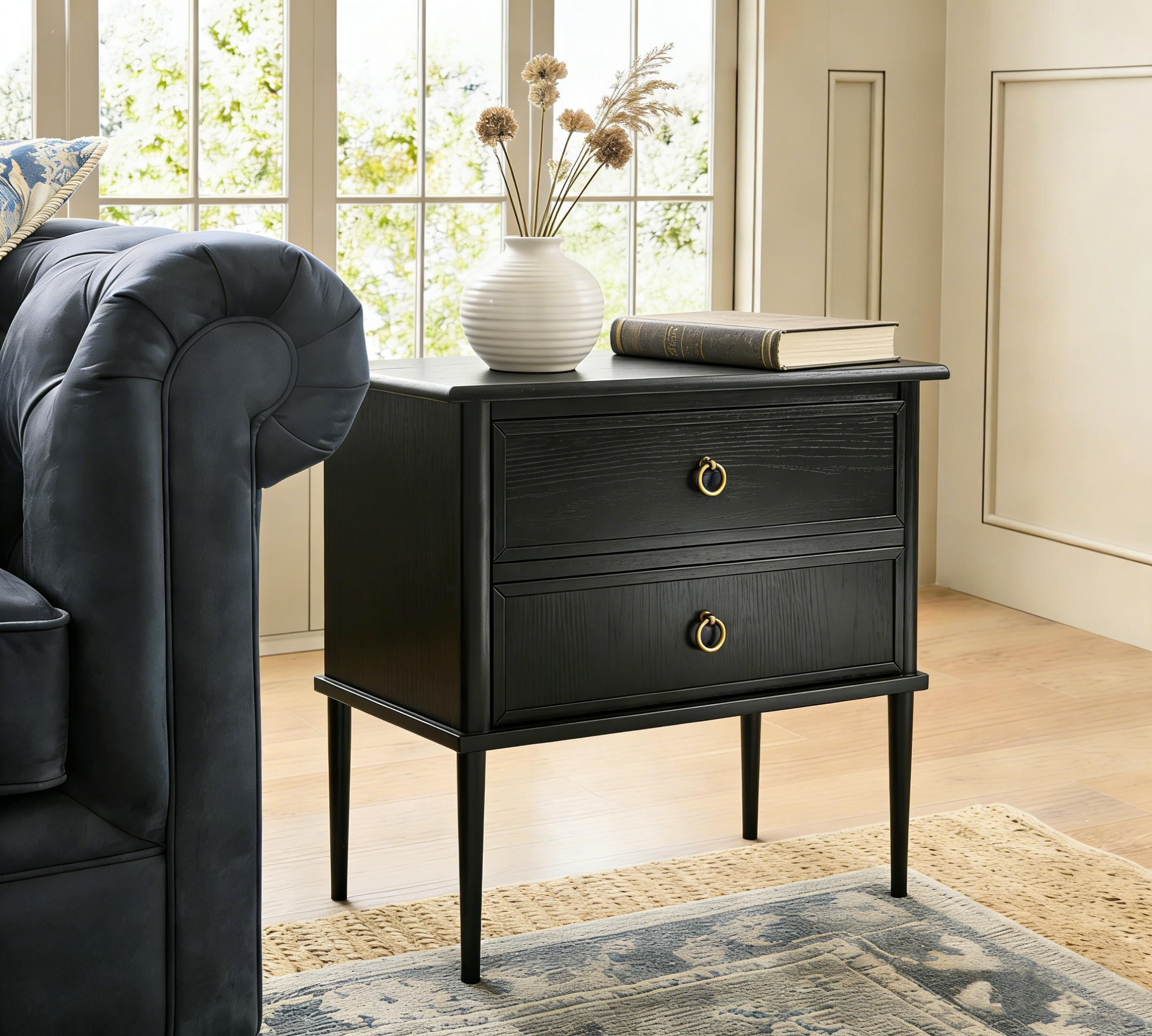 Vintage Wooden Nightstand with Raised Legs – Two Drawers & Hidden Charging Station