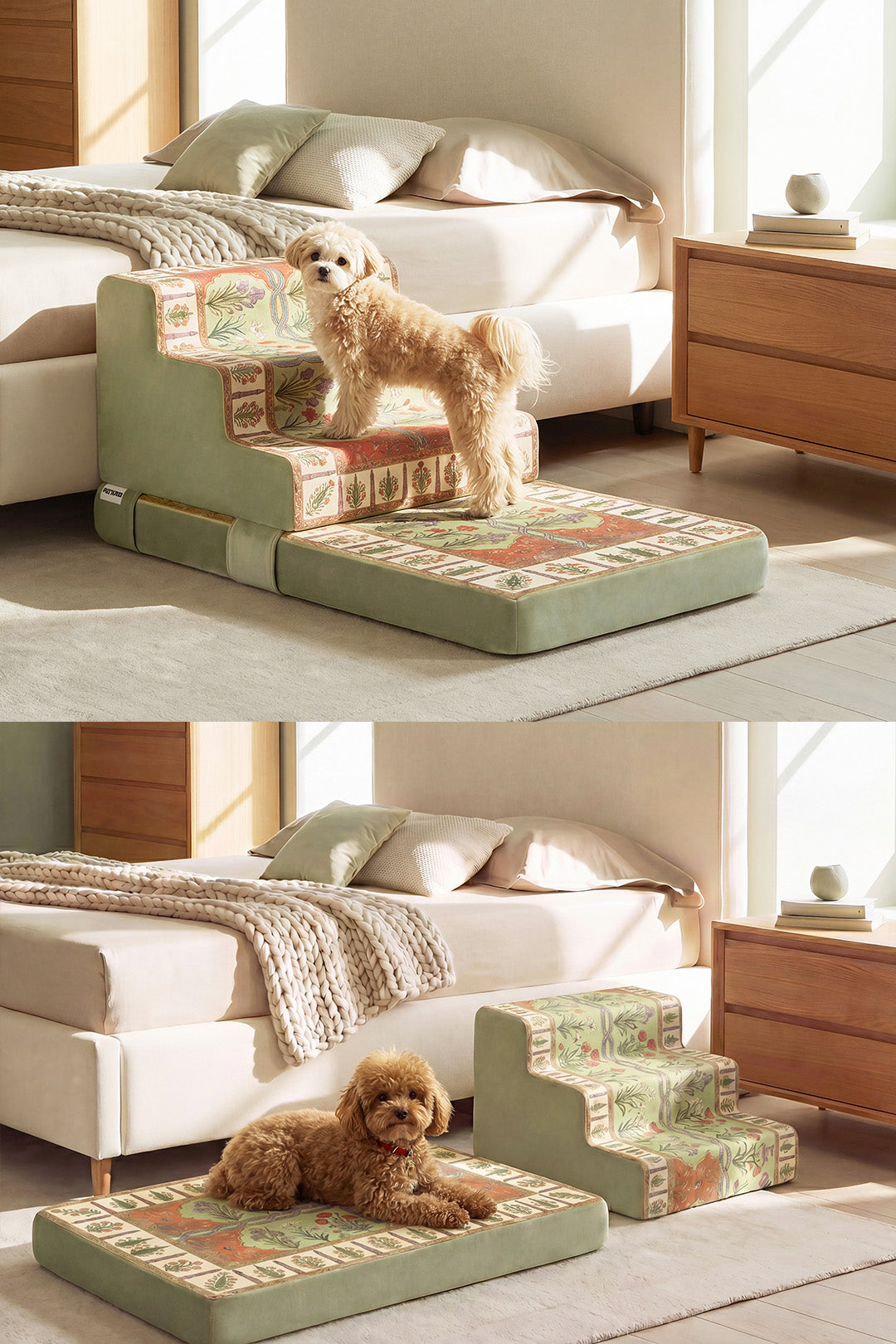 Foldable Floral Dog Stairs for Small Dogs | 2-in-1 Non-Slip Pet Steps & Rest Mat, Joint-Safe Pet Ramp for High Beds