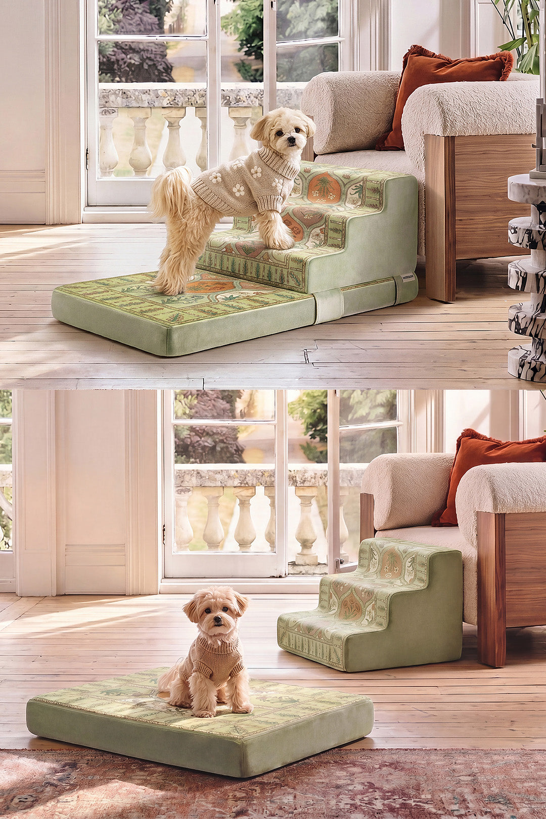 Foldable Floral Dog Stairs for Small Dogs | 2-in-1 Non-Slip Pet Steps & Rest Mat, Joint-Safe Pet Ramp for High Beds