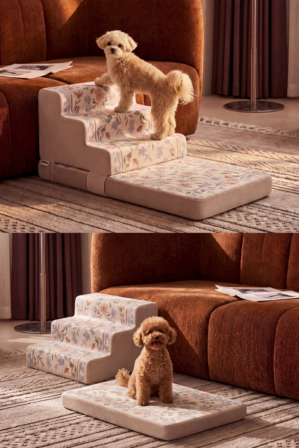 Foldable Floral Dog Stairs for Small Dogs | 2-in-1 Non-Slip Pet Steps & Rest Mat, Joint-Safe Pet Ramp for High Beds
