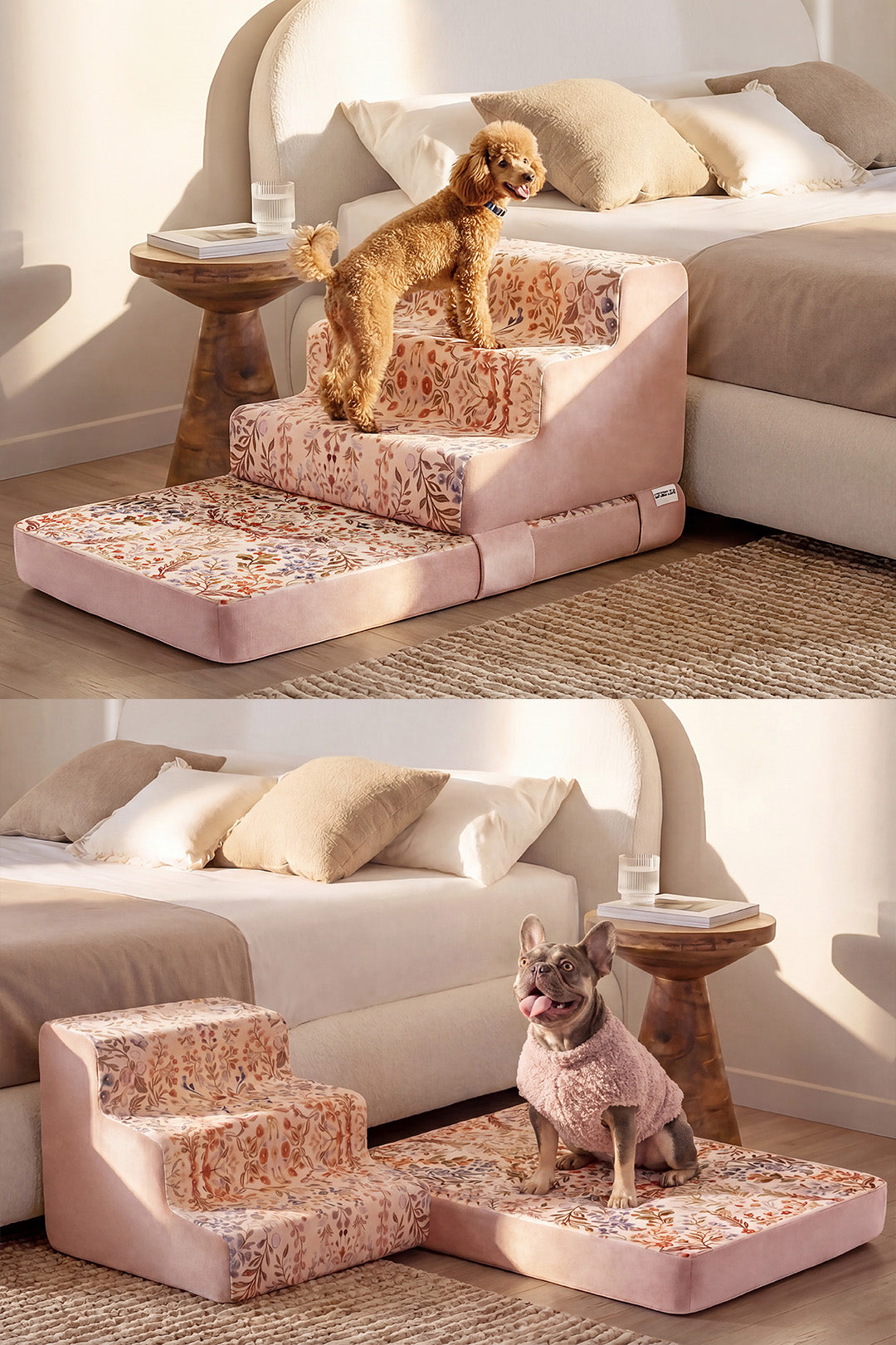 Foldable Floral Dog Stairs for Small Dogs | 2-in-1 Non-Slip Pet Steps & Rest Mat, Joint-Safe Pet Ramp for High Beds