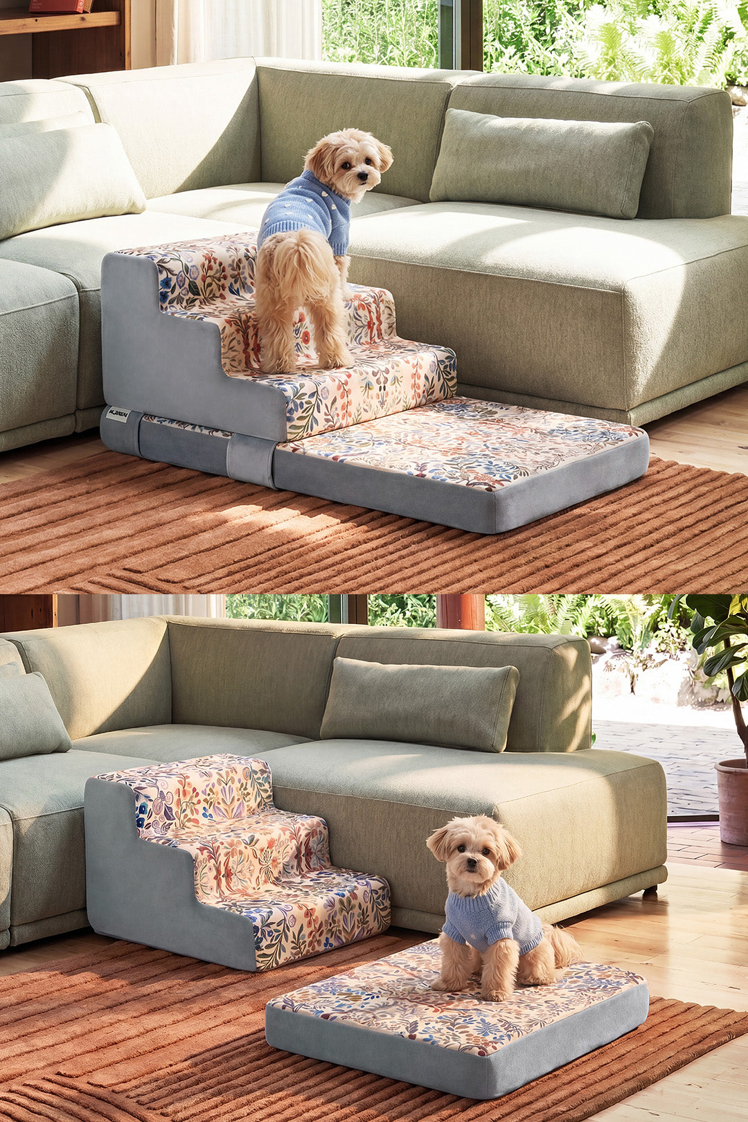 Foldable Floral Dog Stairs for Small Dogs | 2-in-1 Non-Slip Pet Steps & Rest Mat, Joint-Safe Pet Ramp for High Beds