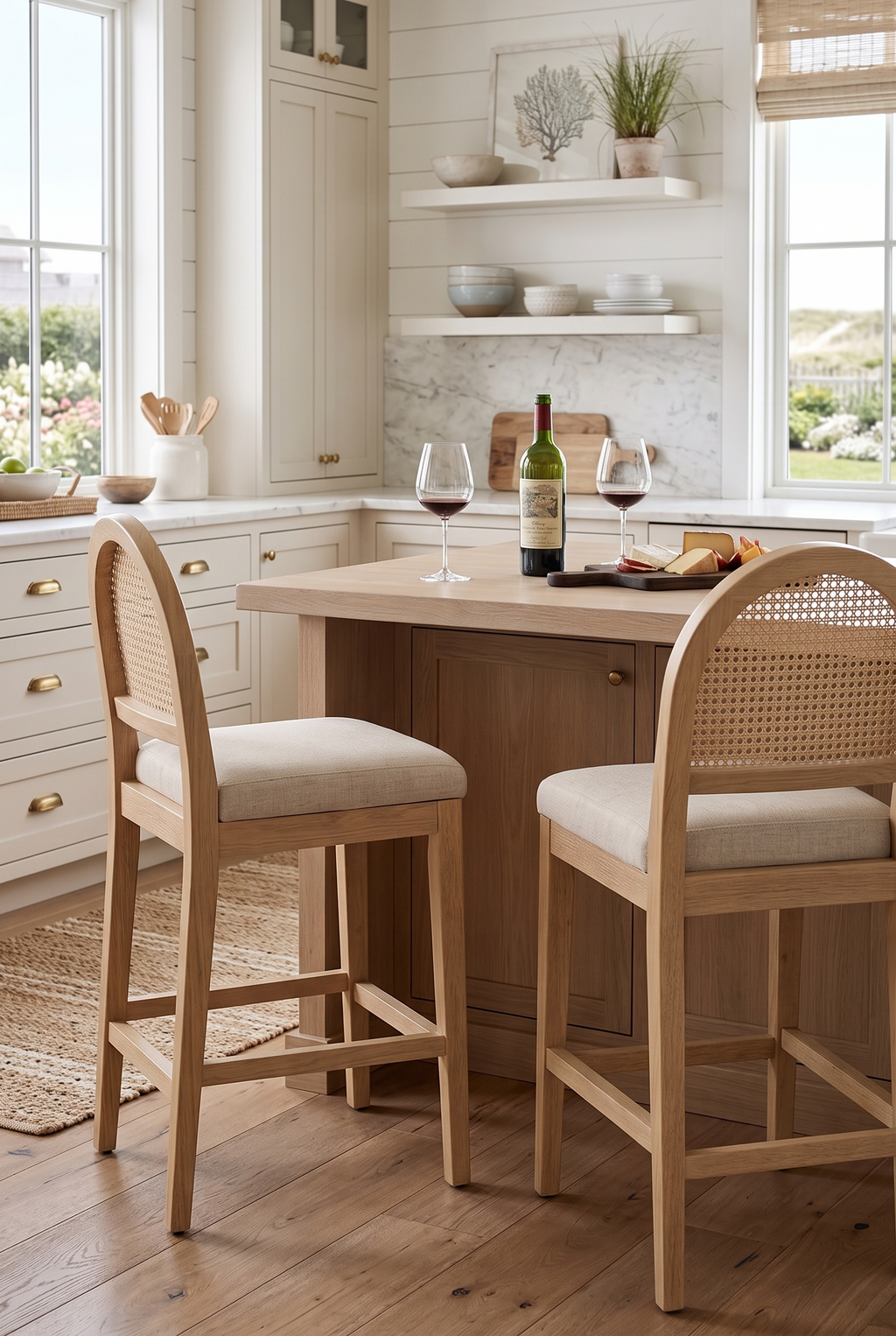 Farmhouse Coastal Rattan Counter Height Bar Stools, Natural Solid Wood Frame Bar Stools, Chenille Upholstered Arched Rattan Back Kitchen Island Chairs