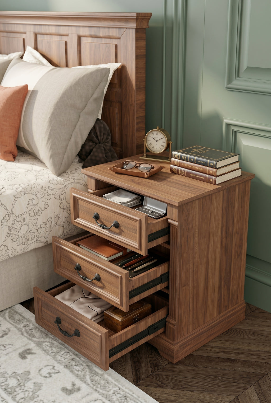 3-Drawer Fluted Column Wooden Nightstand | Vintage Farmhouse Bedside Cabinet with Curved Metal Bar Pulls & Recessed Panel Drawers