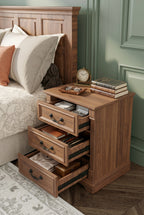 3-Drawer Fluted Column Wooden Nightstand | Vintage Farmhouse Bedside Cabinet with Curved Metal Bar Pulls & Recessed Panel Drawers