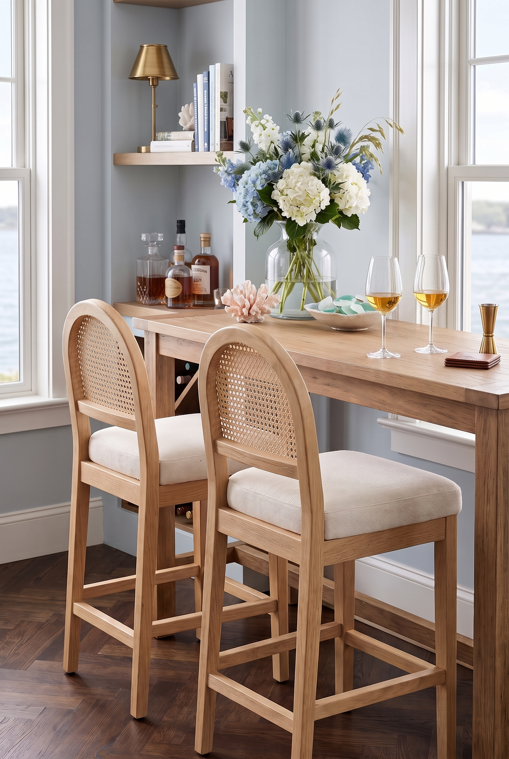 Farmhouse Coastal Rattan Counter Height Bar Stools, Natural Solid Wood Frame Bar Stools, Chenille Upholstered Arched Rattan Back Kitchen Island Chairs