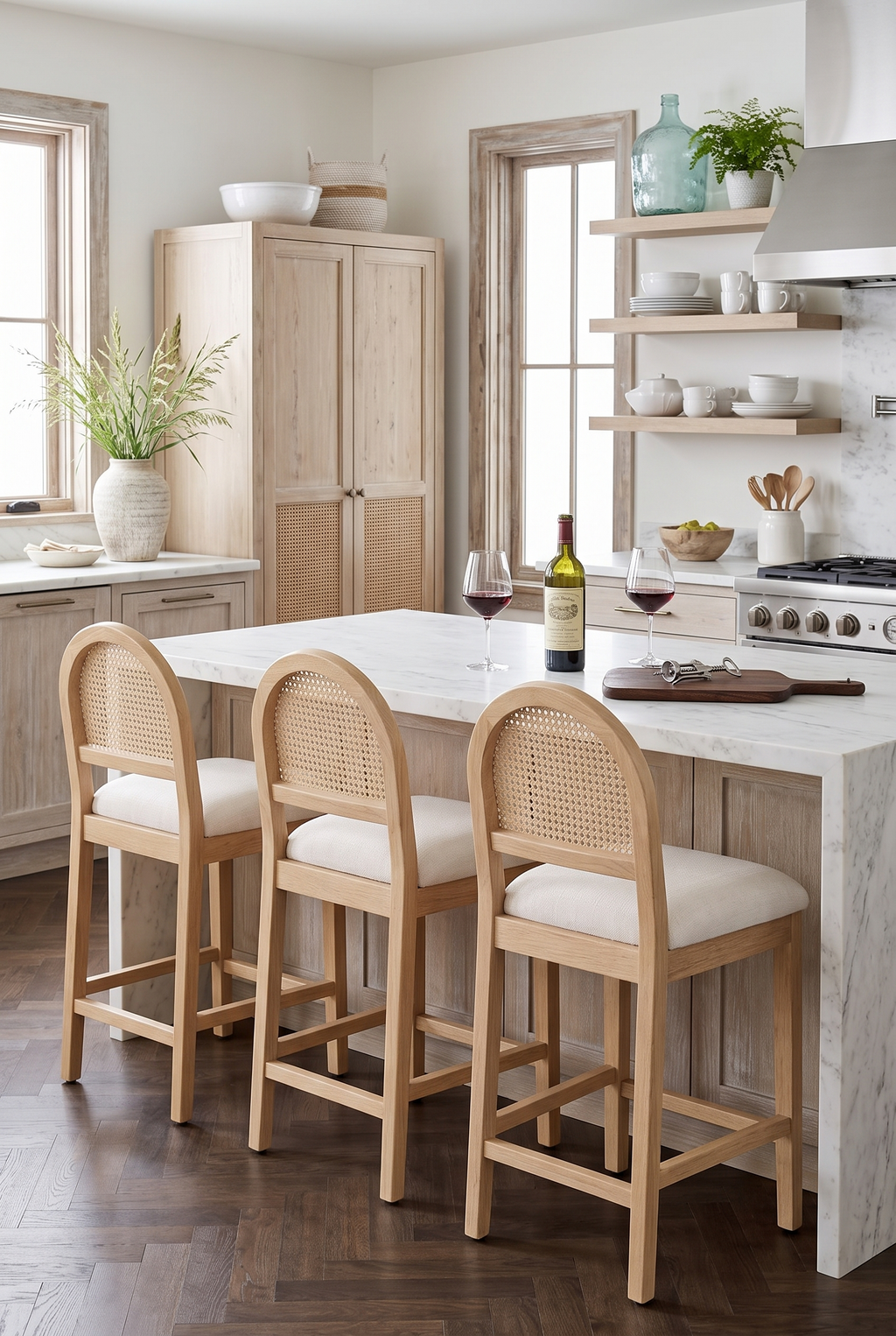 Farmhouse Coastal Rattan Counter Height Bar Stools, Natural Solid Wood Frame Bar Stools, Chenille Upholstered Arched Rattan Back Kitchen Island Chairs
