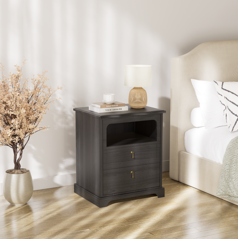 Vintage Mid-Century Nightstand with Hidden Lighting & Charging Station – Two Drawers