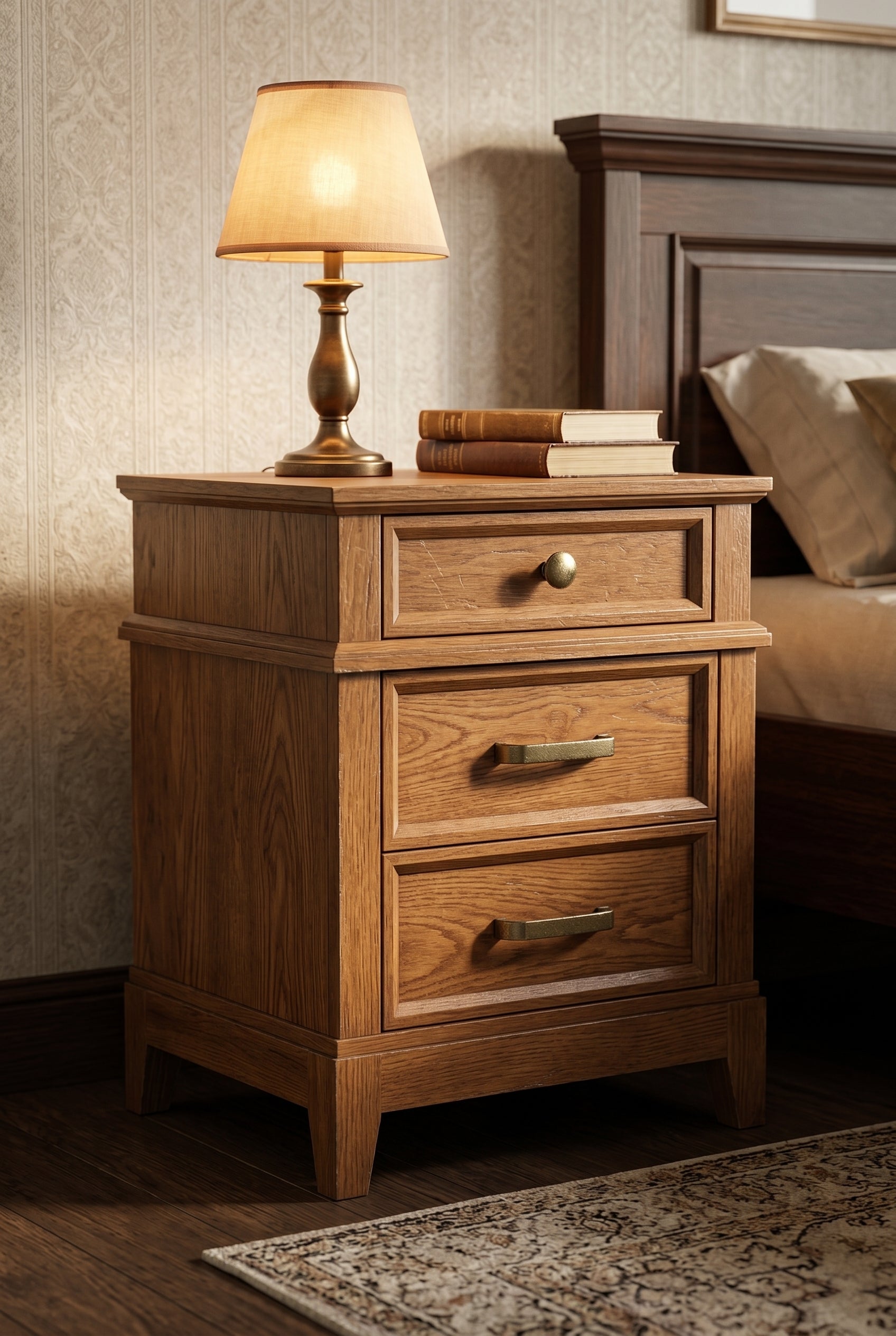 Vintage Tiered 3-Drawer Wooden Nightstand | Traditional Bedside Cabinet with Mixed Hardware & Distressed Finish