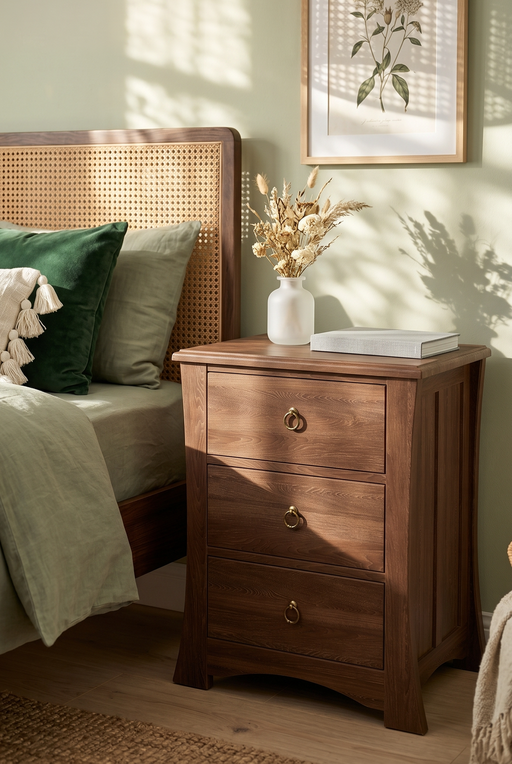 Warm Traditional 3-Drawer Wooden Nightstand | Curved Bedside Cabinet with Brass Ring Pulls