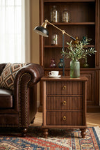 Fluted 3-Drawer Wooden End Table | Ribbed Front Side Cabinet with Turned Legs & Brass Pulls