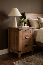 Rustic Industrial 3-Drawer Wooden Nightstand | Farmhouse Bedside Cabinet with Metal Accents & Black Handles