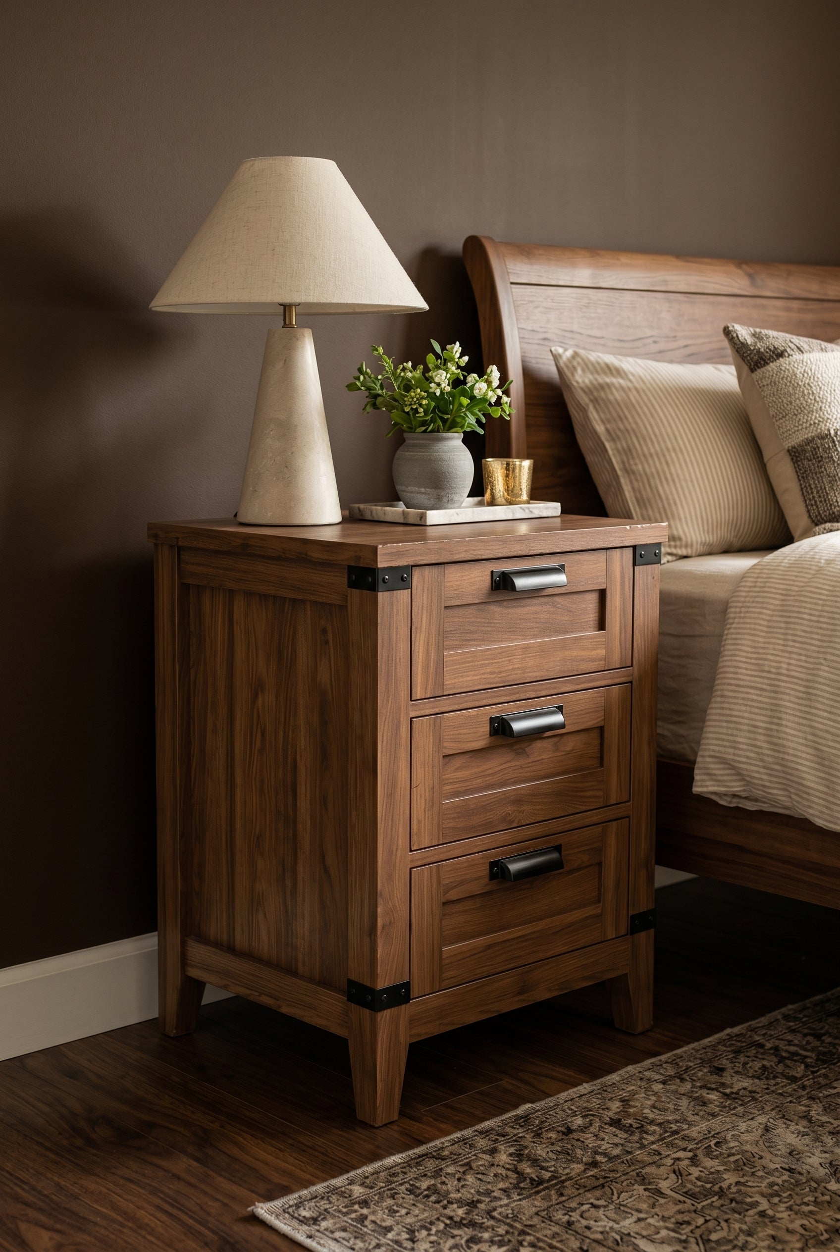 Rustic Industrial 3-Drawer Wooden Nightstand | Farmhouse Bedside Cabinet with Metal Accents & Black Handles