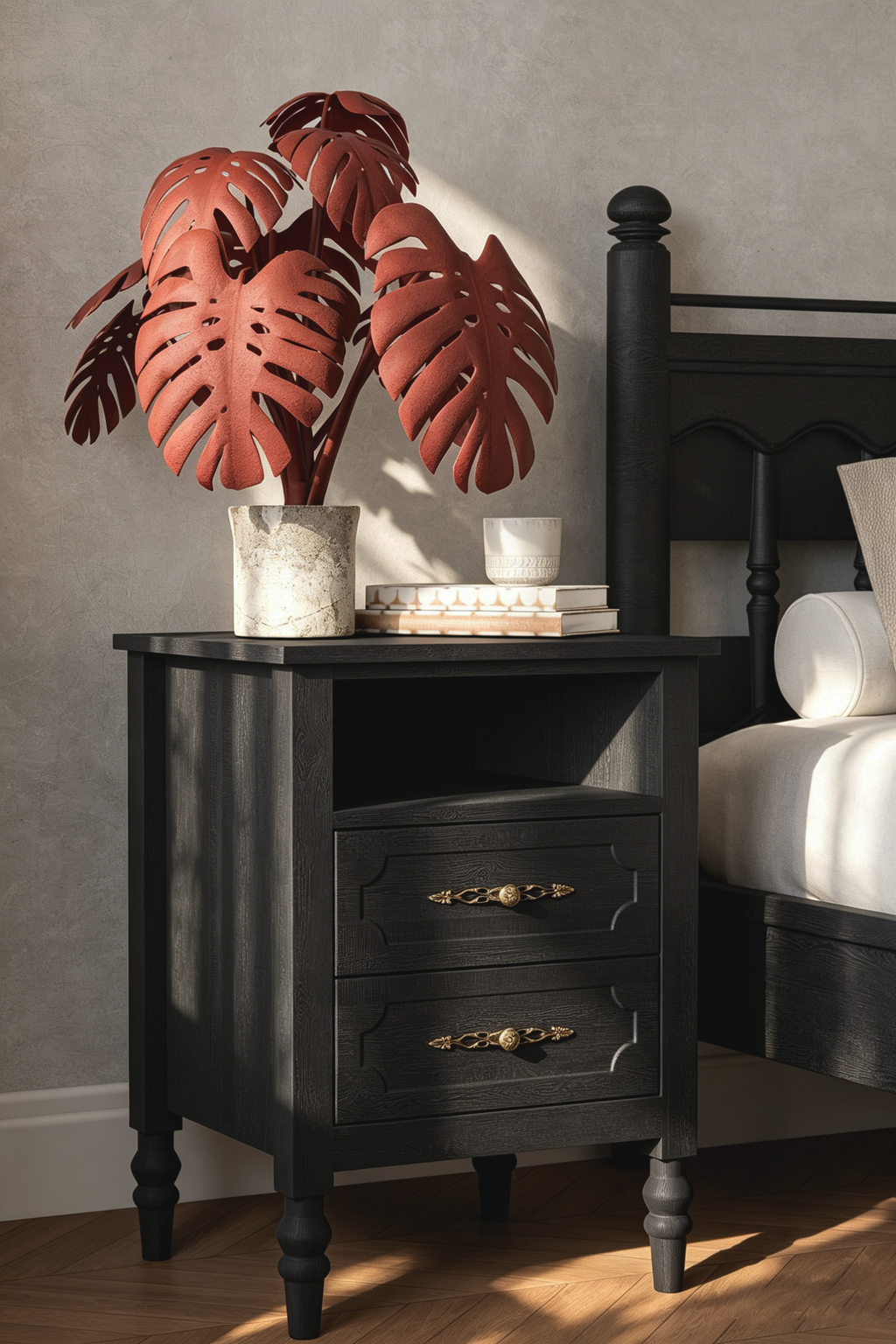 Vintage Farmhouse Bedside Table with Ornate Hardware