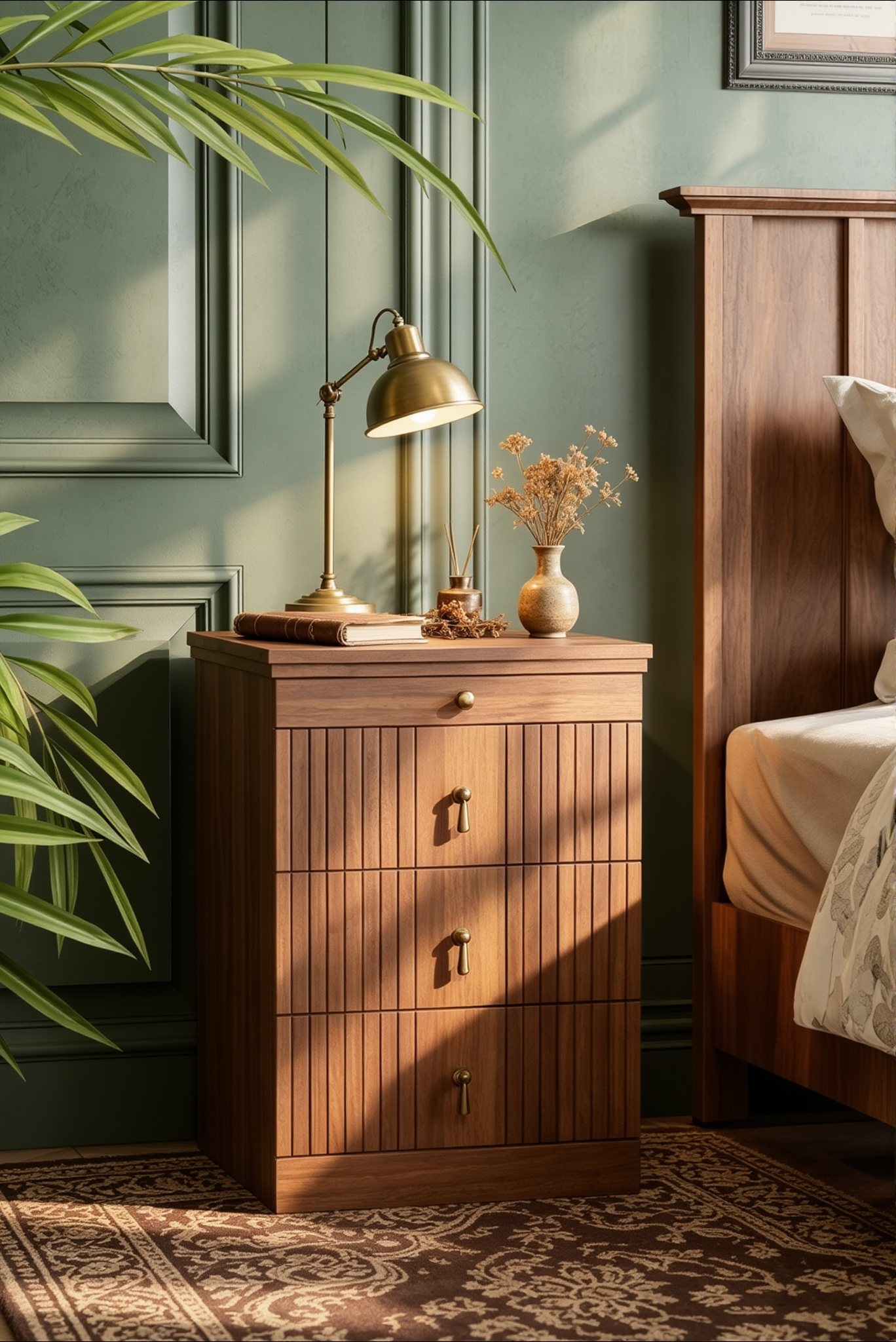 Modern Fluted 4-Drawer Wooden Nightstand | Vintage Style Storage Cabinet for Bedroom, Solid Wood Veneer