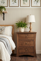 Warm Traditional 3-Drawer Wooden Nightstand | Curved Bedside Cabinet with Brass Ring Pulls