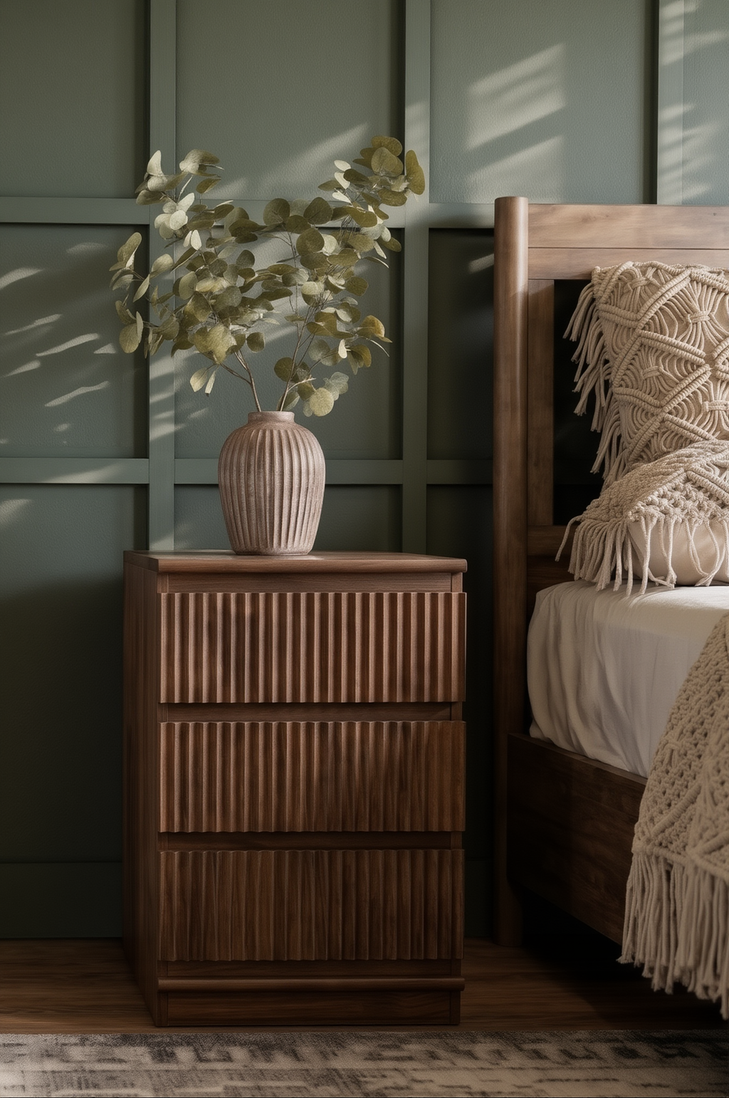 Fluted 3-Drawer Wooden Nightstand | Modern Ribbed Bedside Cabinet with Textured Front