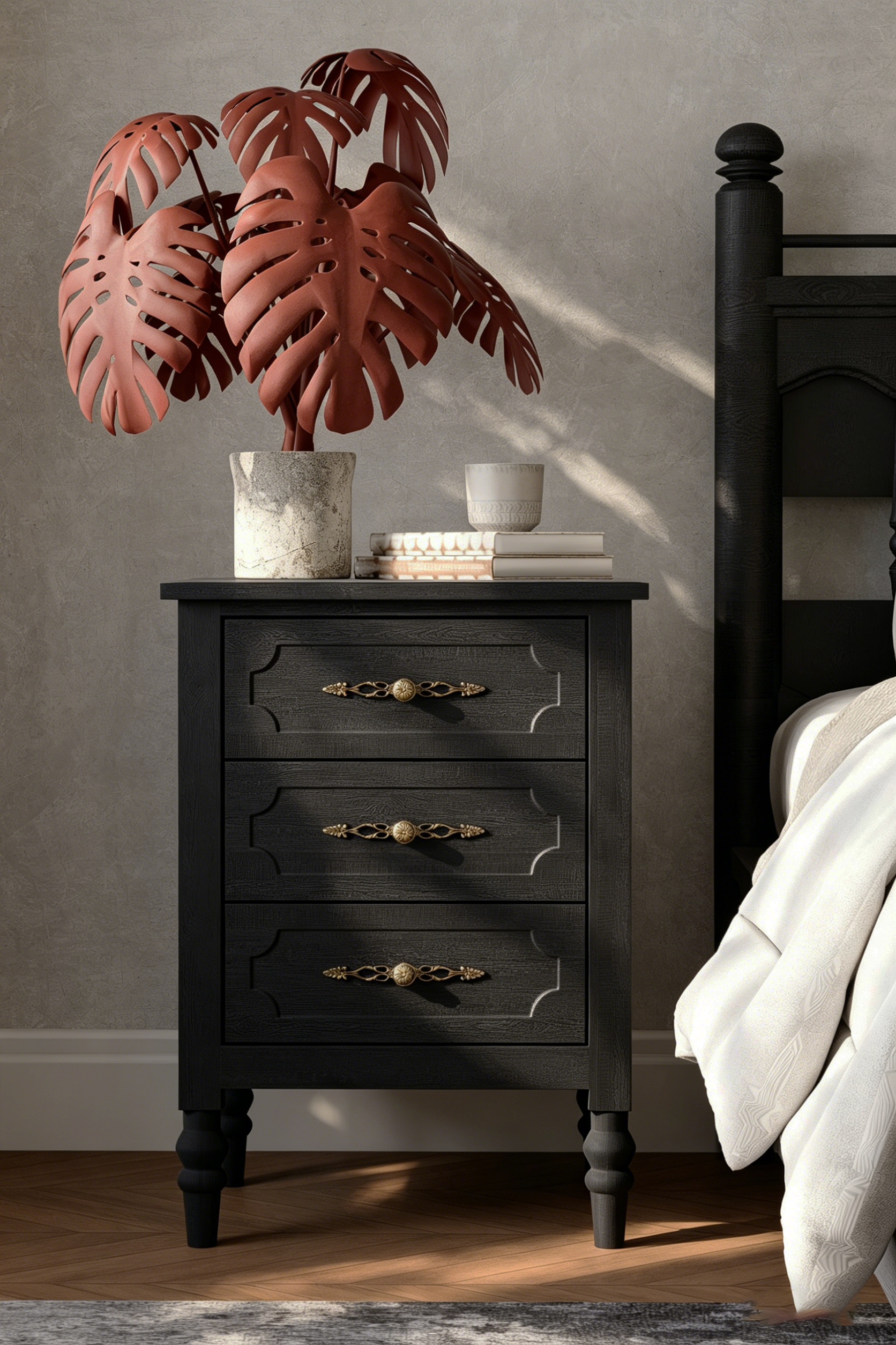 Vintage Farmhouse Bedside Table with Ornate Hardware