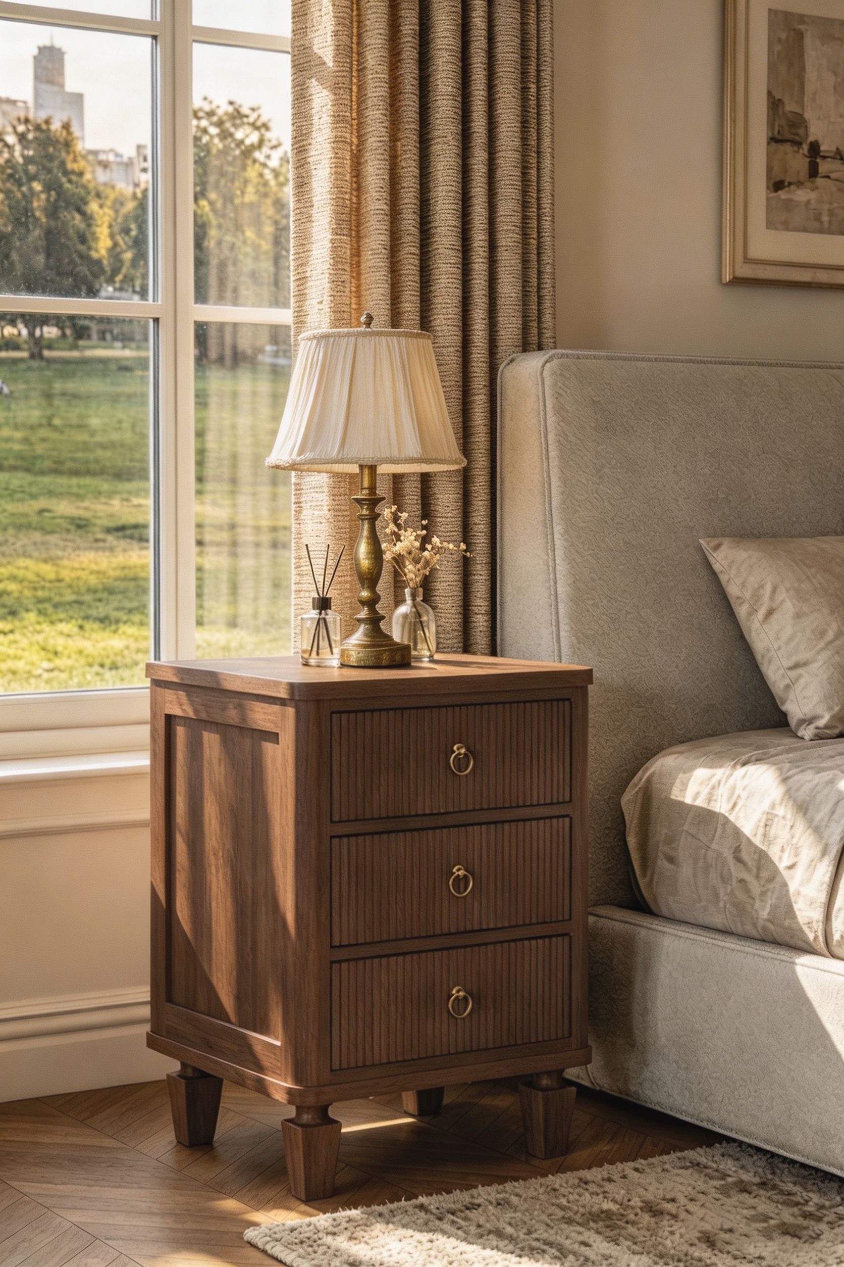 Mid-Century Modern Fluted Wooden Nightstand - 3-Drawer Storage Bedside Table with Brass Hardware for Bedroom & Living Room
