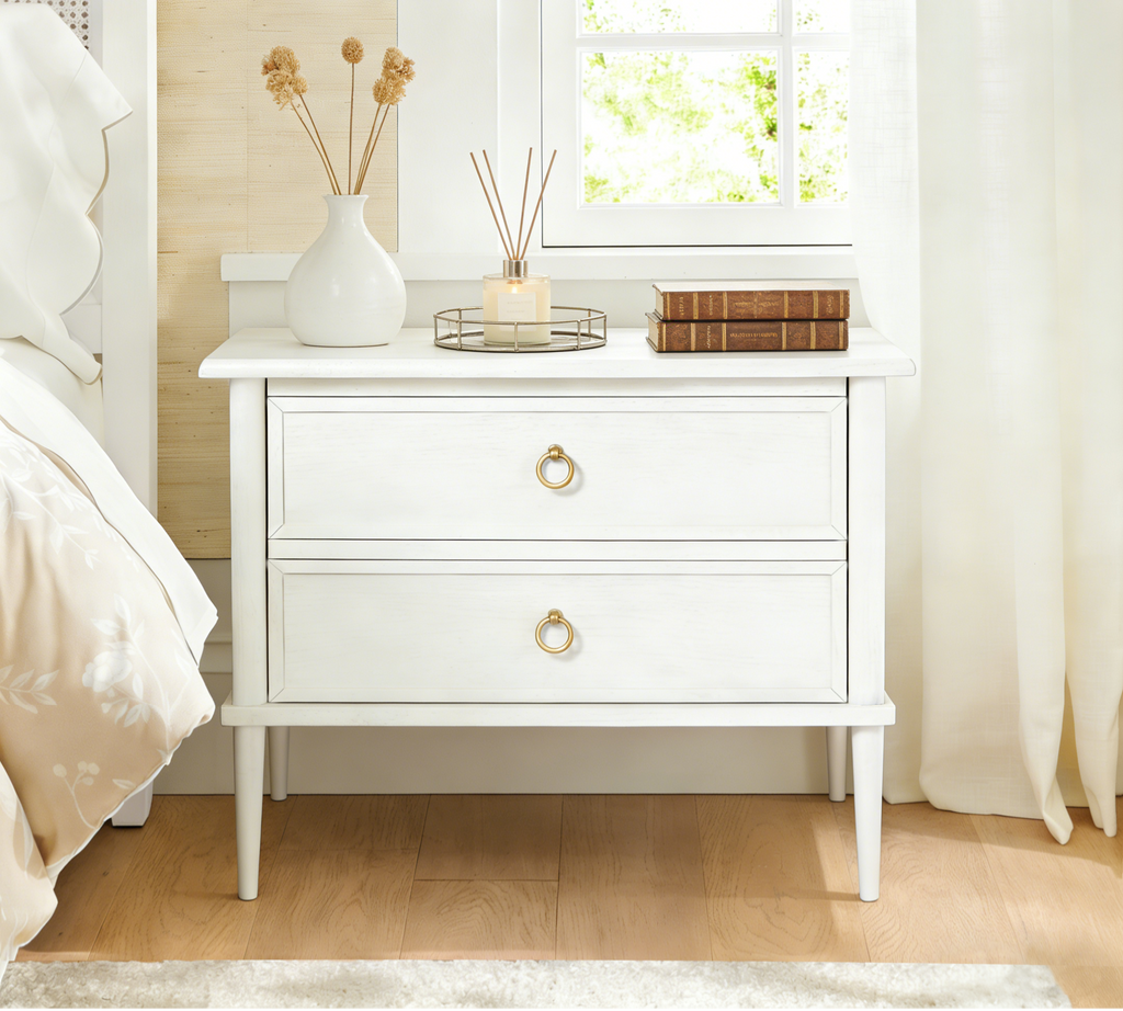 Vintage Wooden Nightstand with Raised Legs – Two Drawers & Hidden Charging Station
