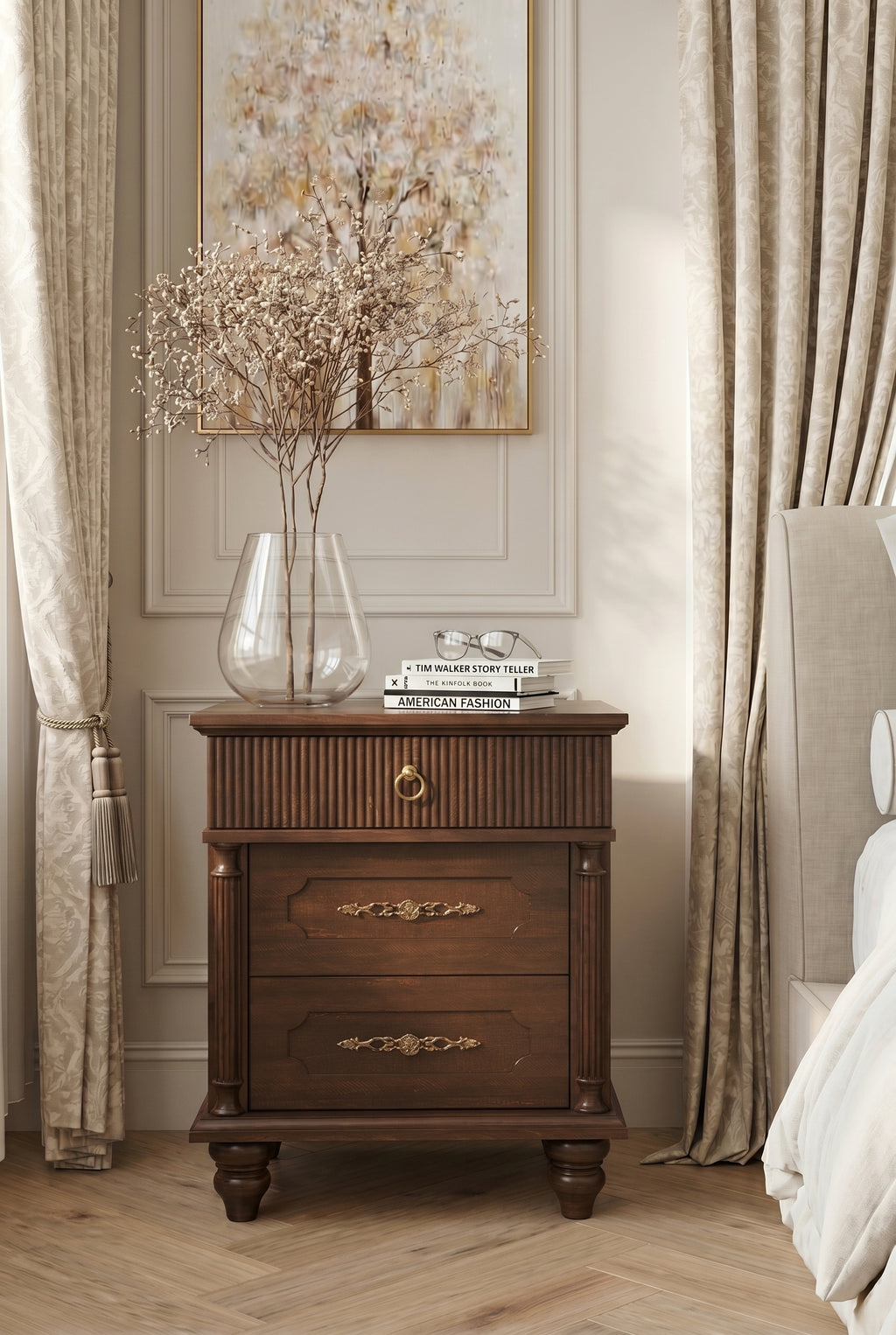Traditional 3-Drawer Wooden Nightstand | Fluted & Paneled Bedside Cabinet with Turned Legs & Brass Hardware