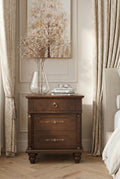 Traditional 3-Drawer Wooden Nightstand | Fluted & Paneled Bedside Cabinet with Turned Legs & Brass Hardware