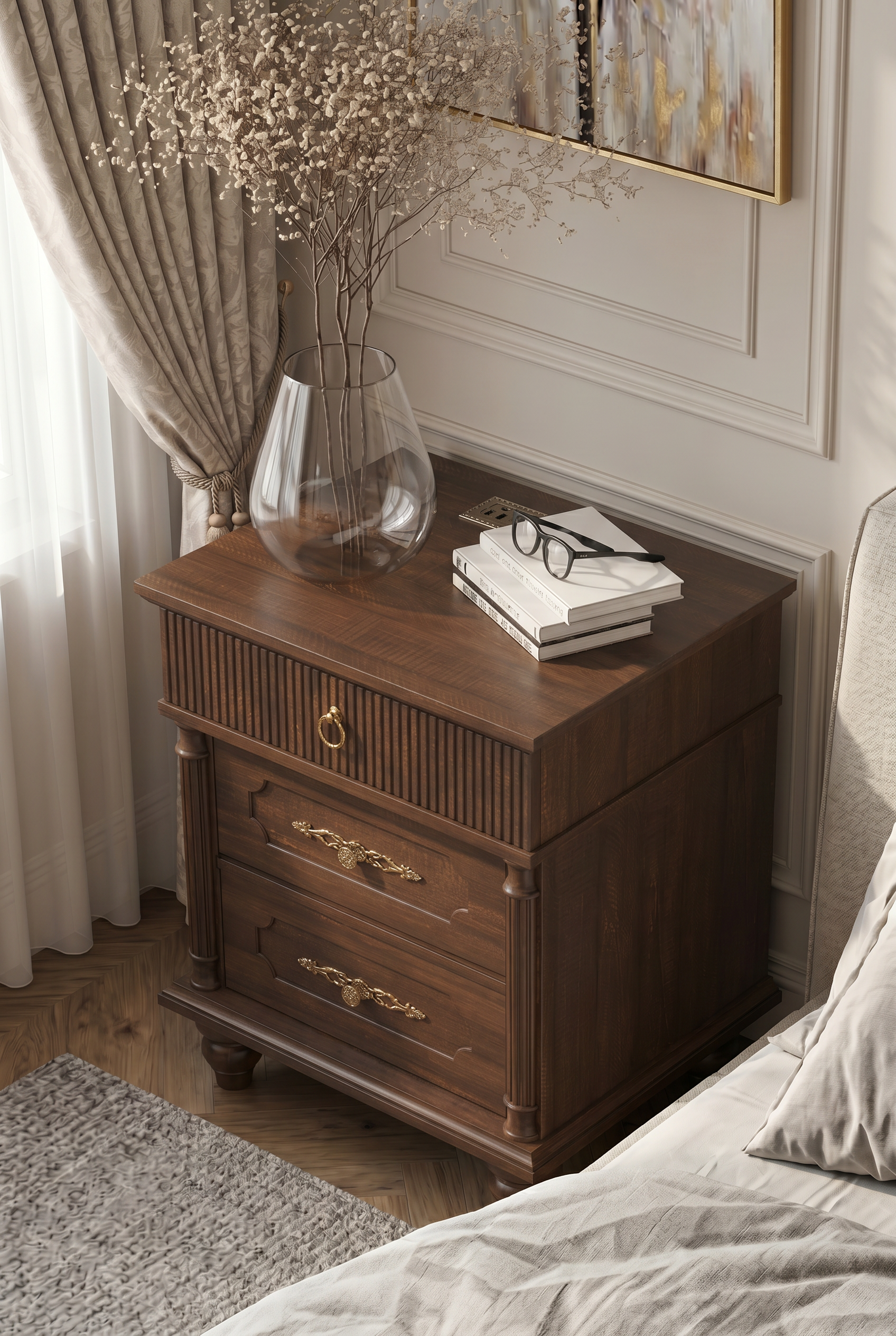 Traditional 3-Drawer Wooden Nightstand | Fluted & Paneled Bedside Cabinet with Turned Legs & Brass Hardware