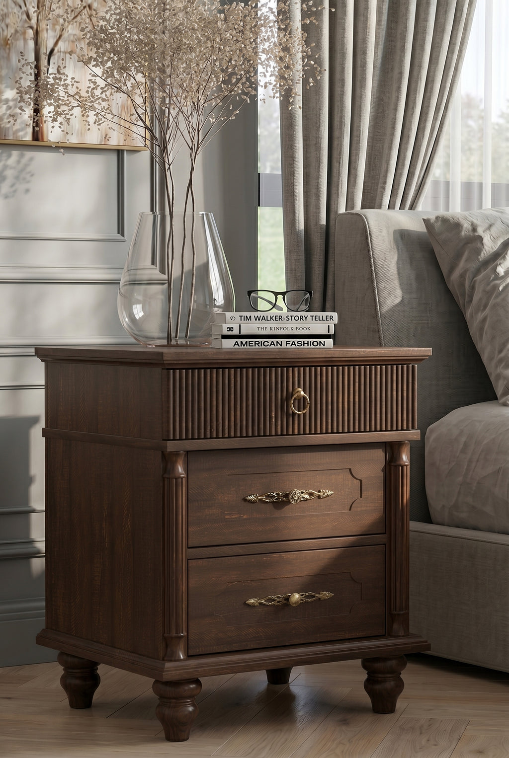 Traditional 3-Drawer Wooden Nightstand | Fluted & Paneled Bedside Cabinet with Turned Legs & Brass Hardware