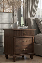 Traditional 3-Drawer Wooden Nightstand | Fluted & Paneled Bedside Cabinet with Turned Legs & Brass Hardware