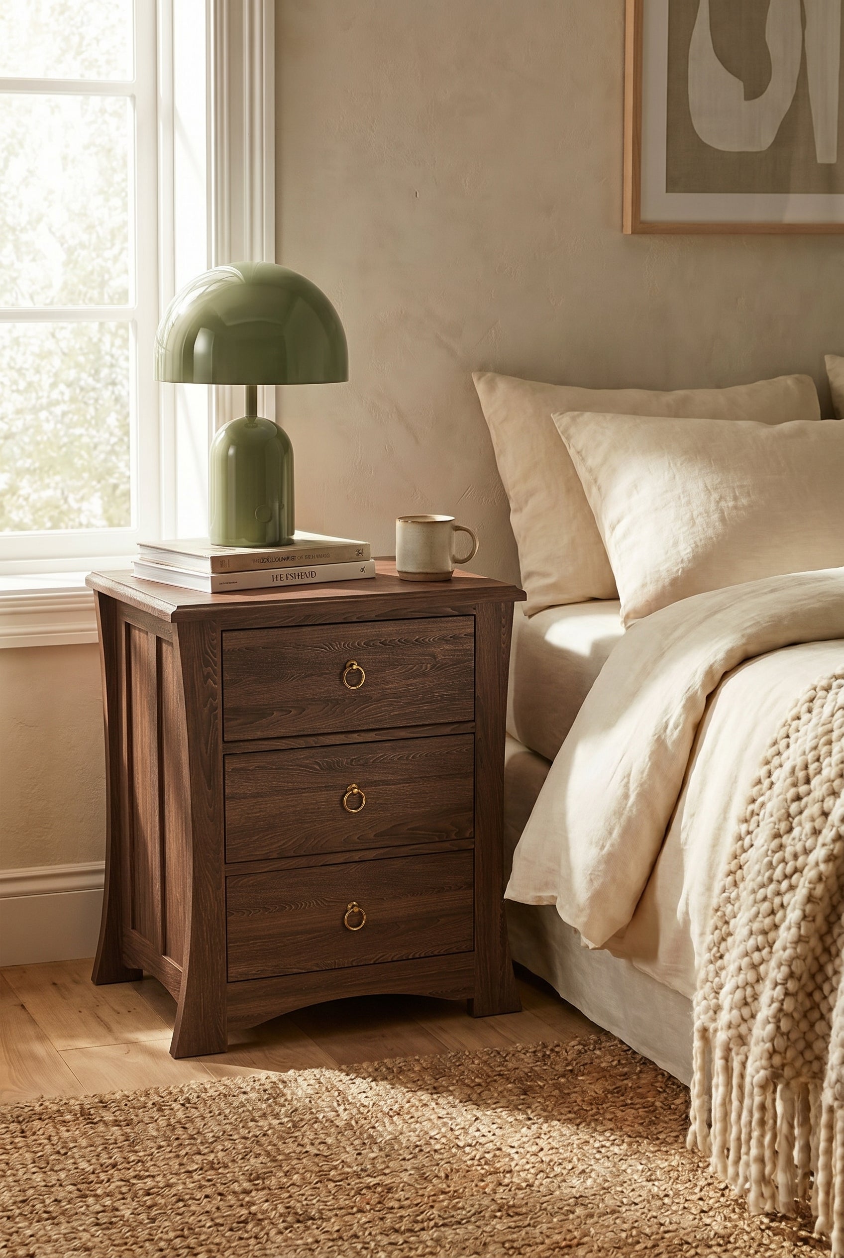 Warm Traditional 3-Drawer Wooden Nightstand | Curved Bedside Cabinet with Brass Ring Pulls