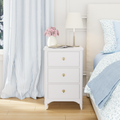 Elegant White 3-Drawer Nightstand with Brass Hardware – Cozy Blue & White Bedroom Side Table