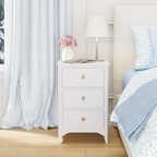 Elegant White 3-Drawer Nightstand with Brass Hardware – Cozy Blue & White Bedroom Side Table