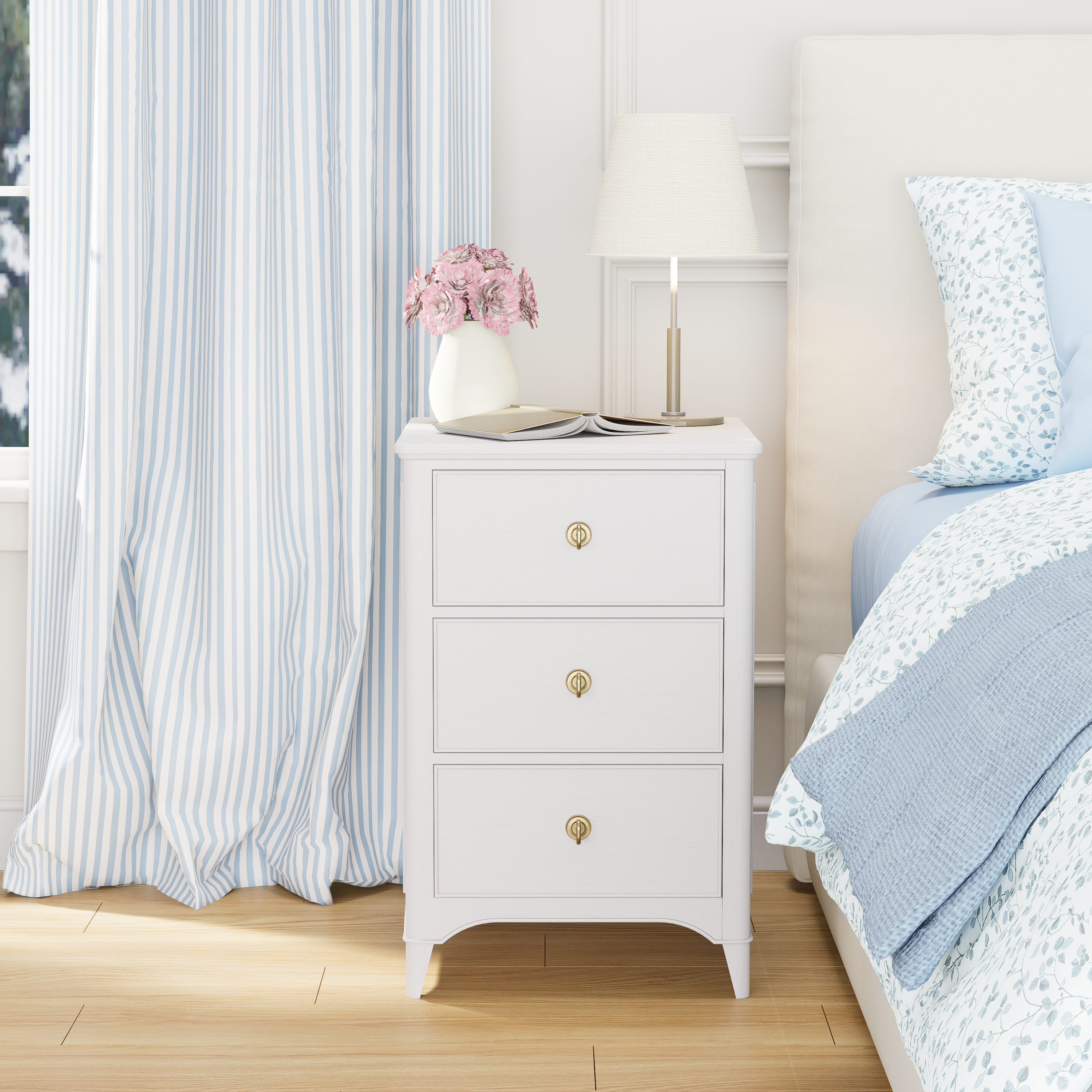 Elegant White 3-Drawer Nightstand with Brass Hardware – Cozy Blue & White Bedroom Side Table